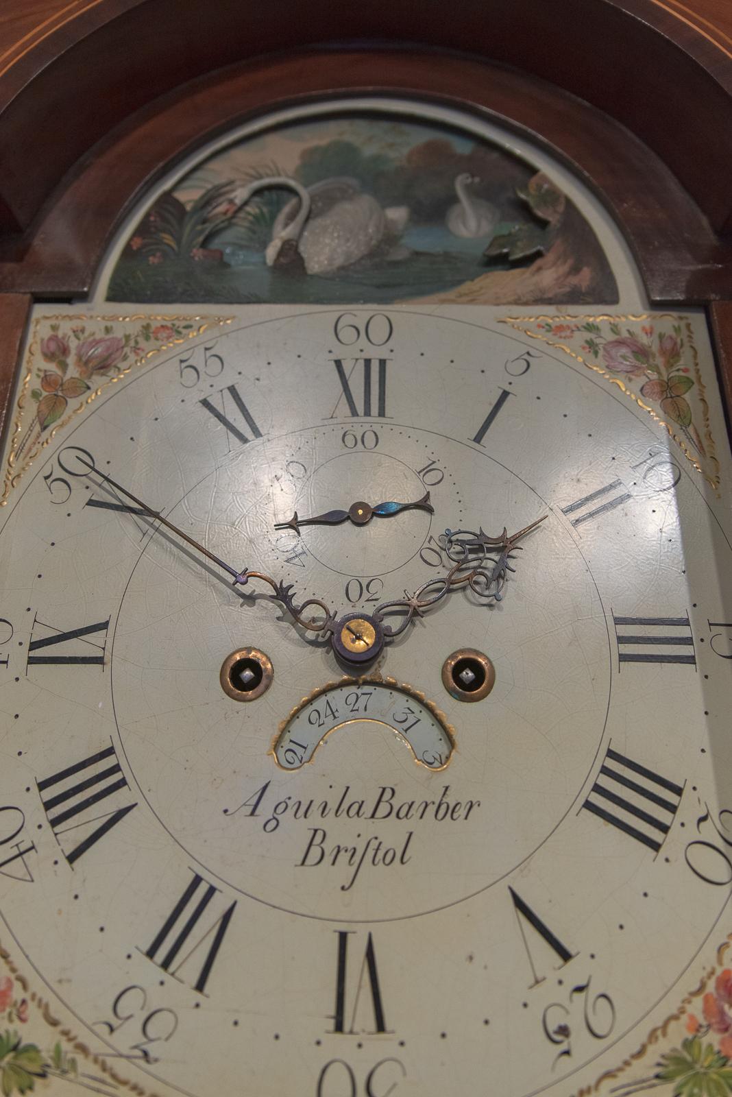 A beautiful 8 day arched rocking swan automata Grandfather clock.
As the clock ticks, the swans neck gracefully dips into the water.
A rare clock made by Aquilla Barber of Bristol who is a well documented maker from 1781 to 1841.
This clock is