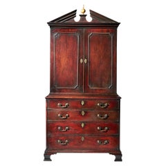 18th Century Architectural Pediment George III Mahogany Bookcase on Chest