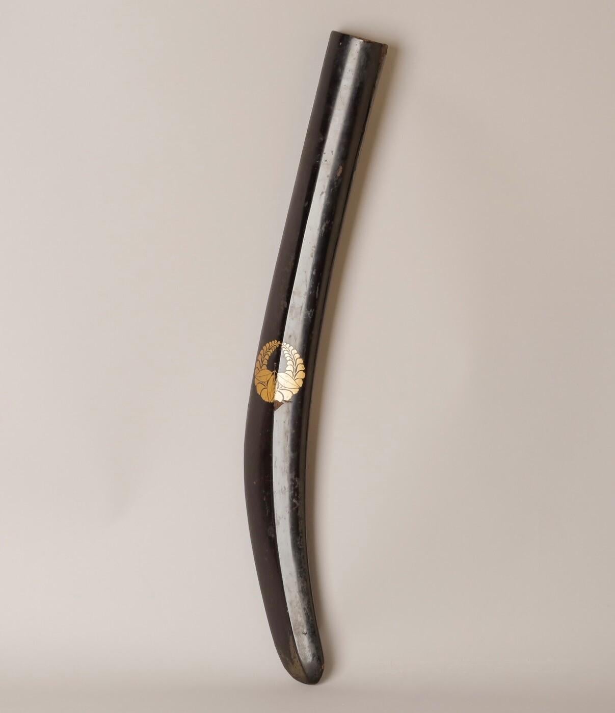 Extremely rare  Samurai naginata saya scabbard with original silk cover. Naginata scabbards are seen time to time on the market, however to still have original silk cover in relatively good shape is extremely rare. 
Wood with kuro nuri laquer finish