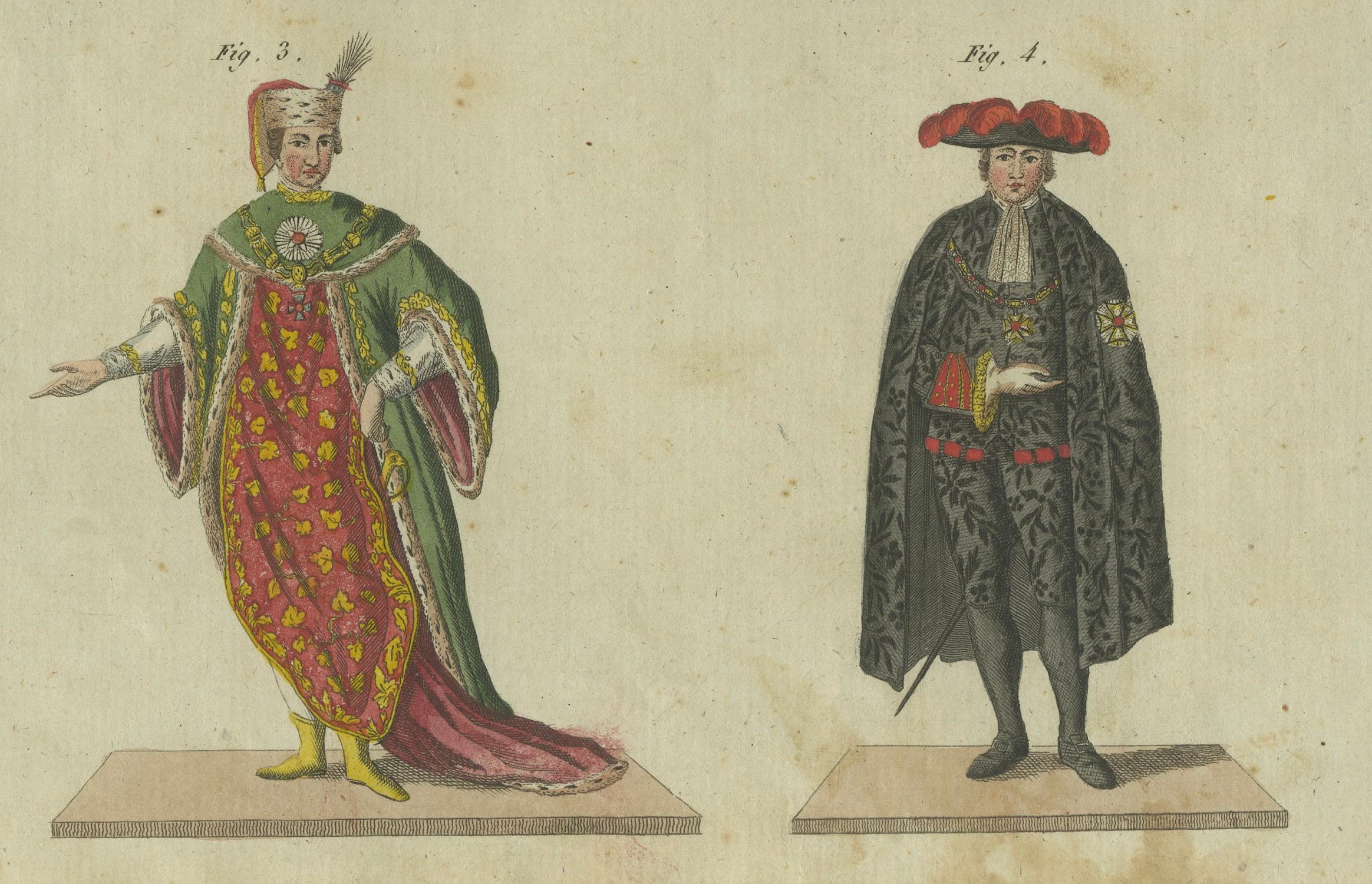 Vêtements aristocratiques et de cérémonie du XVIIIe siècle : Gravure coloriée à la main de 1805 Bon état - En vente à Langweer, NL