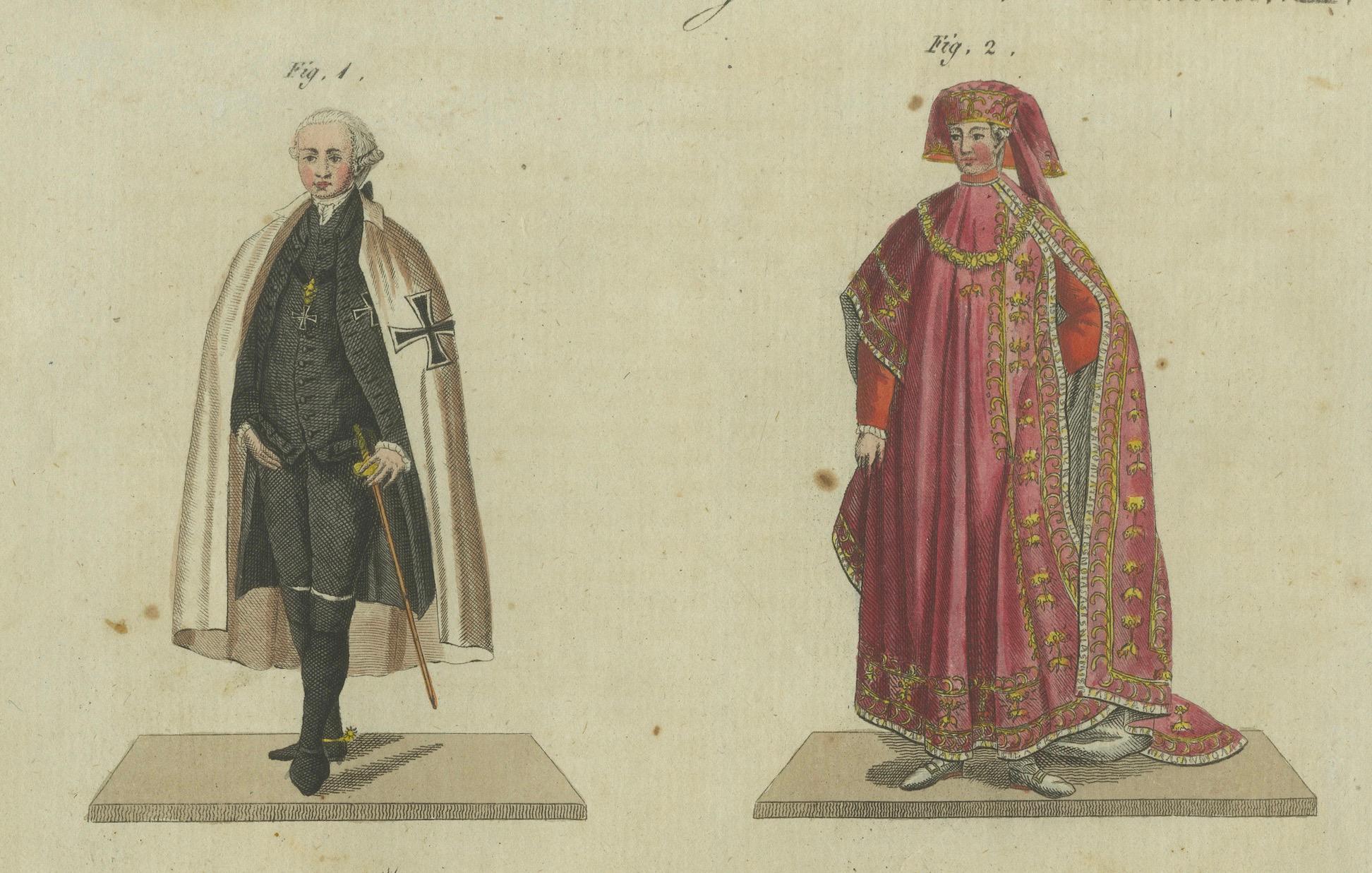 Début du XIXe siècle Vêtements aristocratiques et de cérémonie du XVIIIe siècle : Gravure coloriée à la main de 1805 en vente