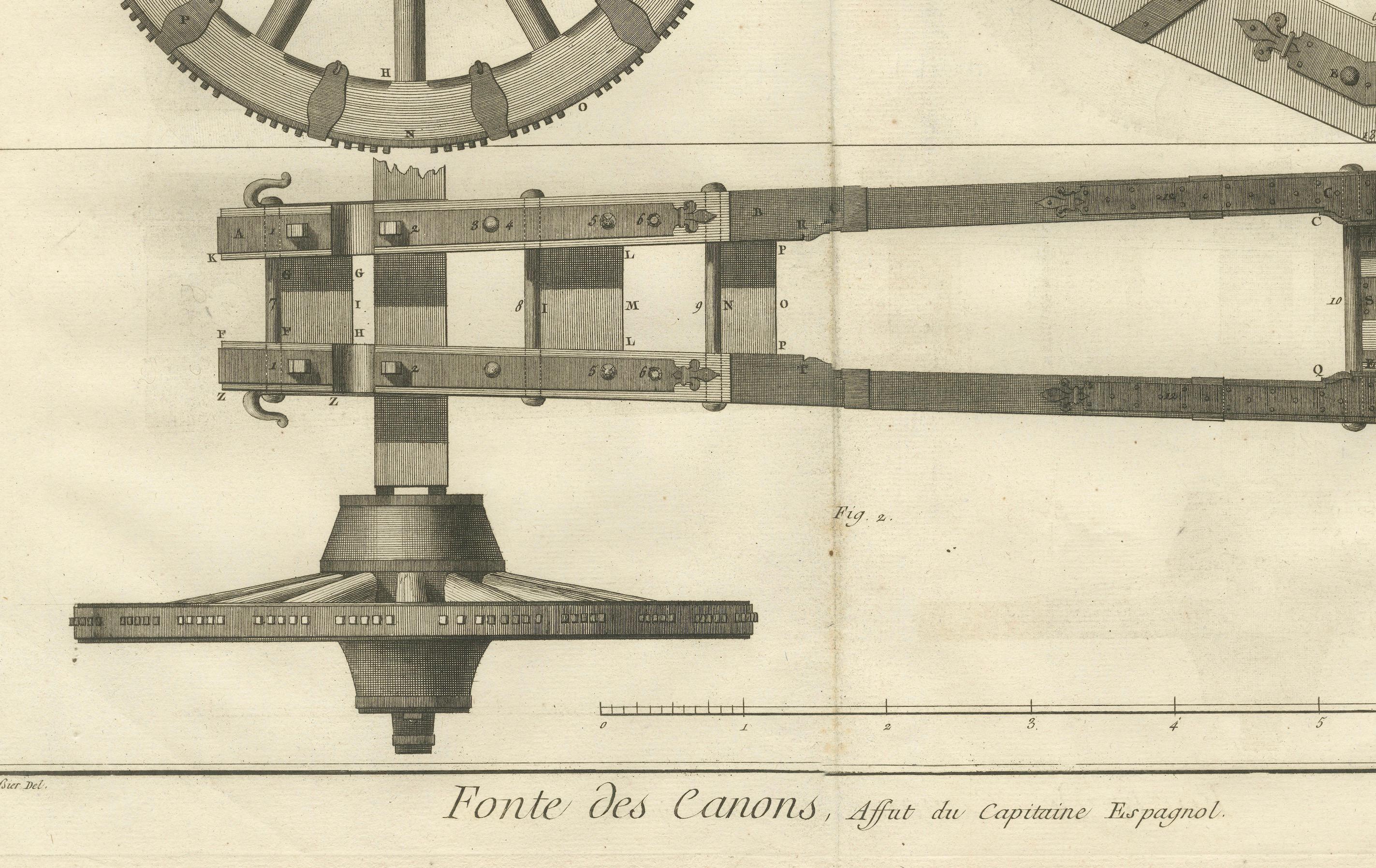 Gravur des spanischen Kapitänsschiffes und des Mechanismus der Artillerie aus dem 18. Jahrhundert im Angebot 2