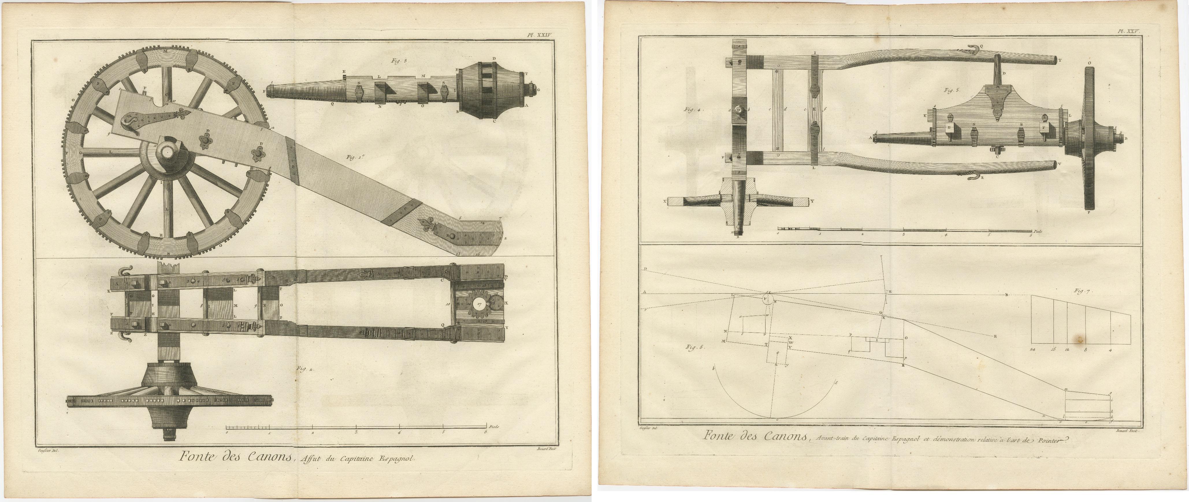 Gravur des spanischen Kapitänsschiffes und des Mechanismus der Artillerie aus dem 18. Jahrhundert im Angebot 3