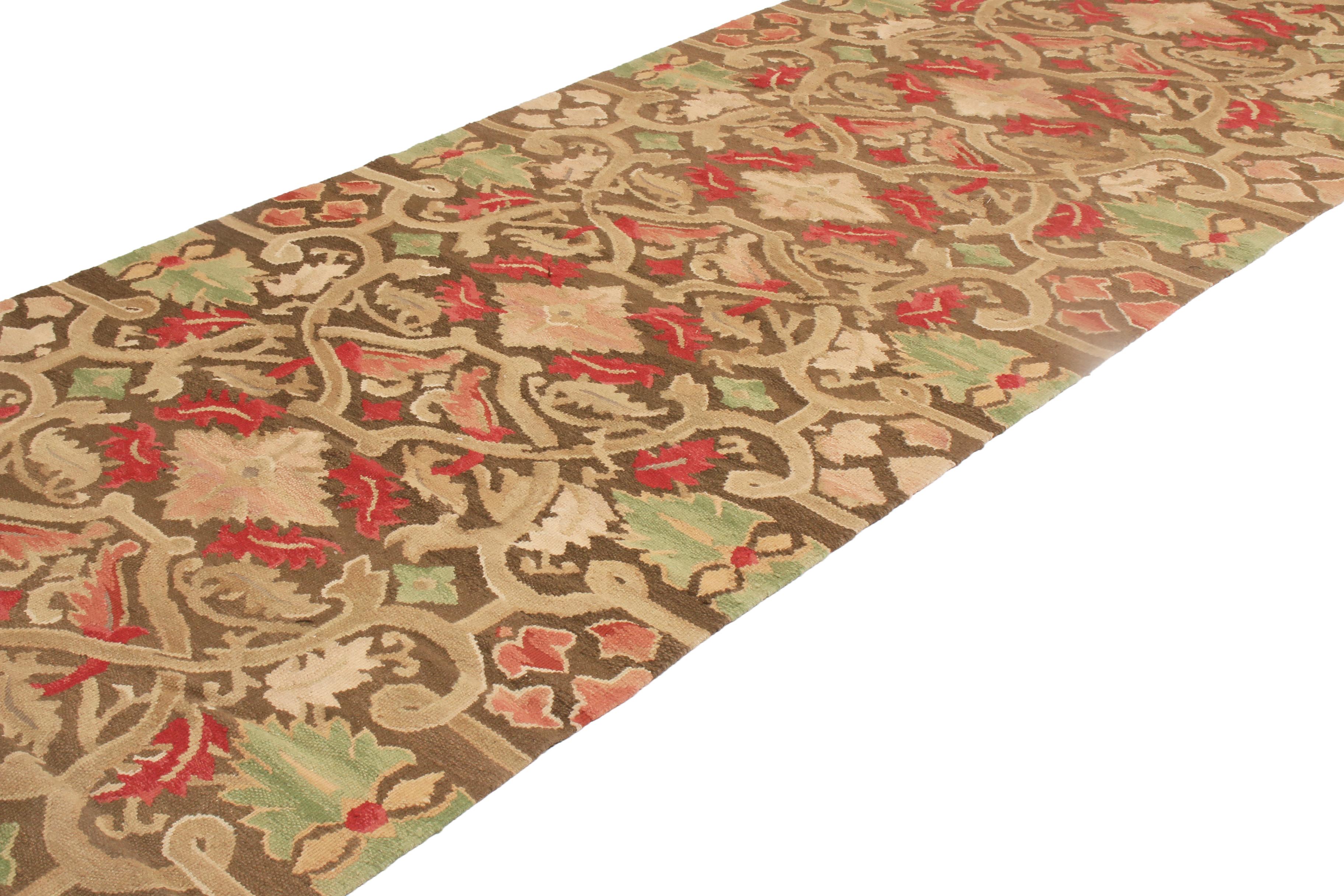 Chinese 18th Century Aubusson Style Inspired Design Brown Wool Runner by Rug & Kilim For Sale