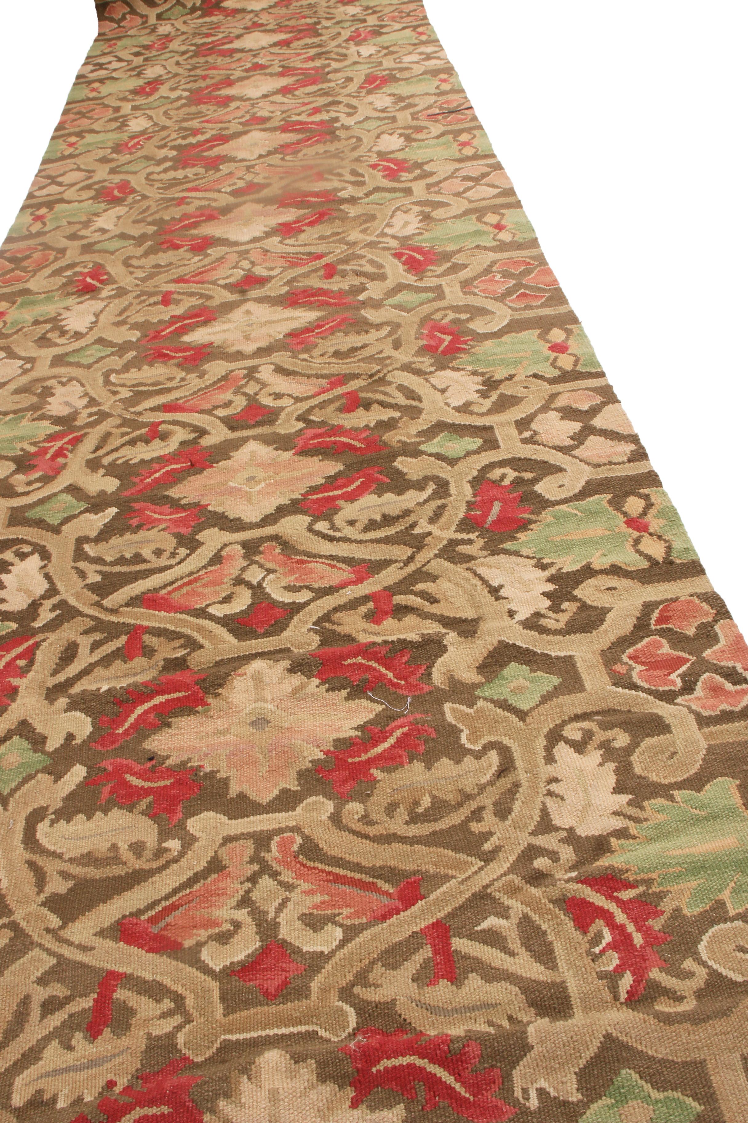 Originating from China, this wool runner features an all over field design inspired by 18th century Aubusson masterpieces with a contemporary play on a borderless, vertically repeating floral pattern. Hand knotted in durable wool body, the distinct