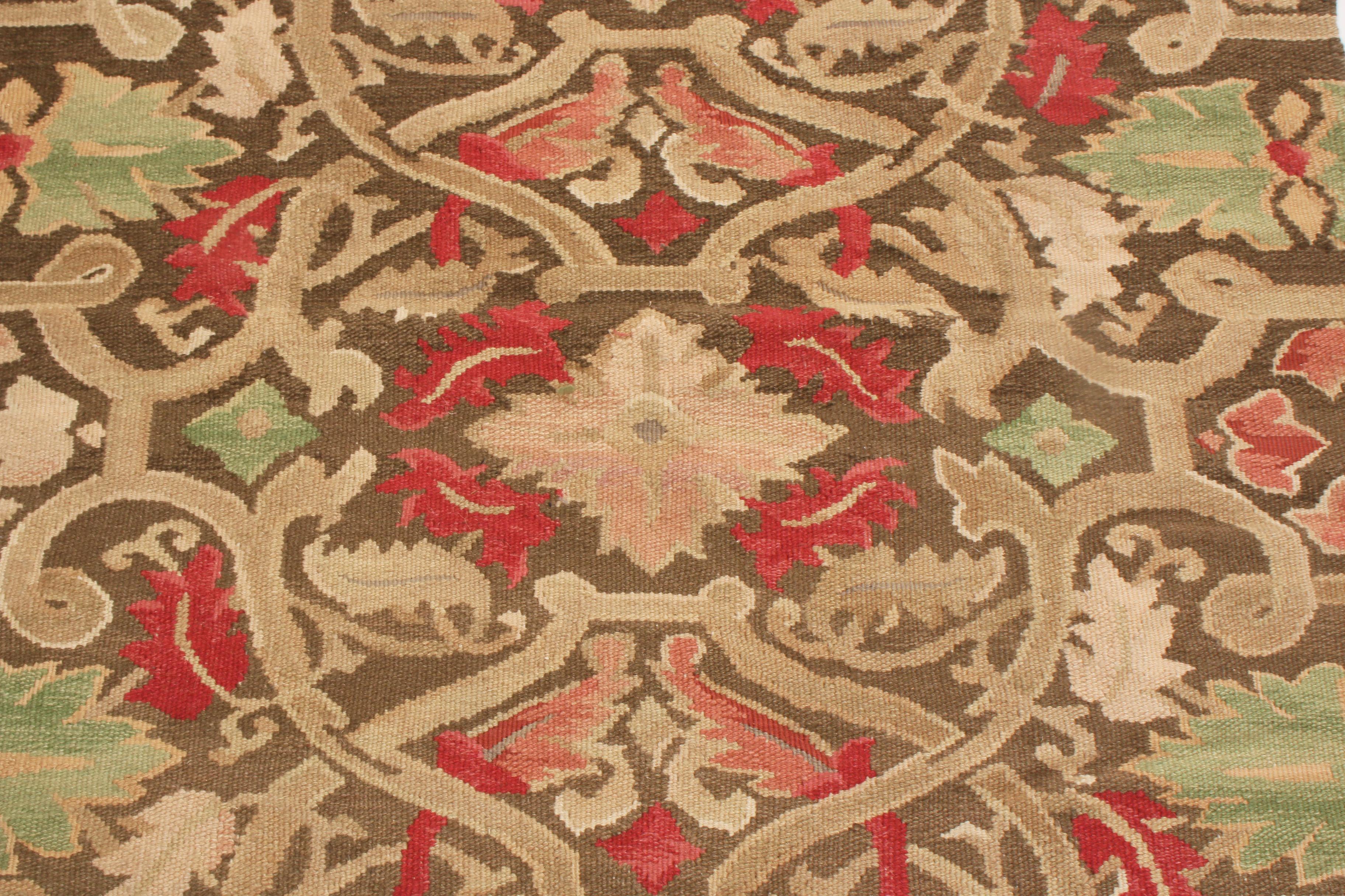 Hand-Knotted 18th Century Aubusson Style Inspired Design Brown Wool Runner by Rug & Kilim For Sale