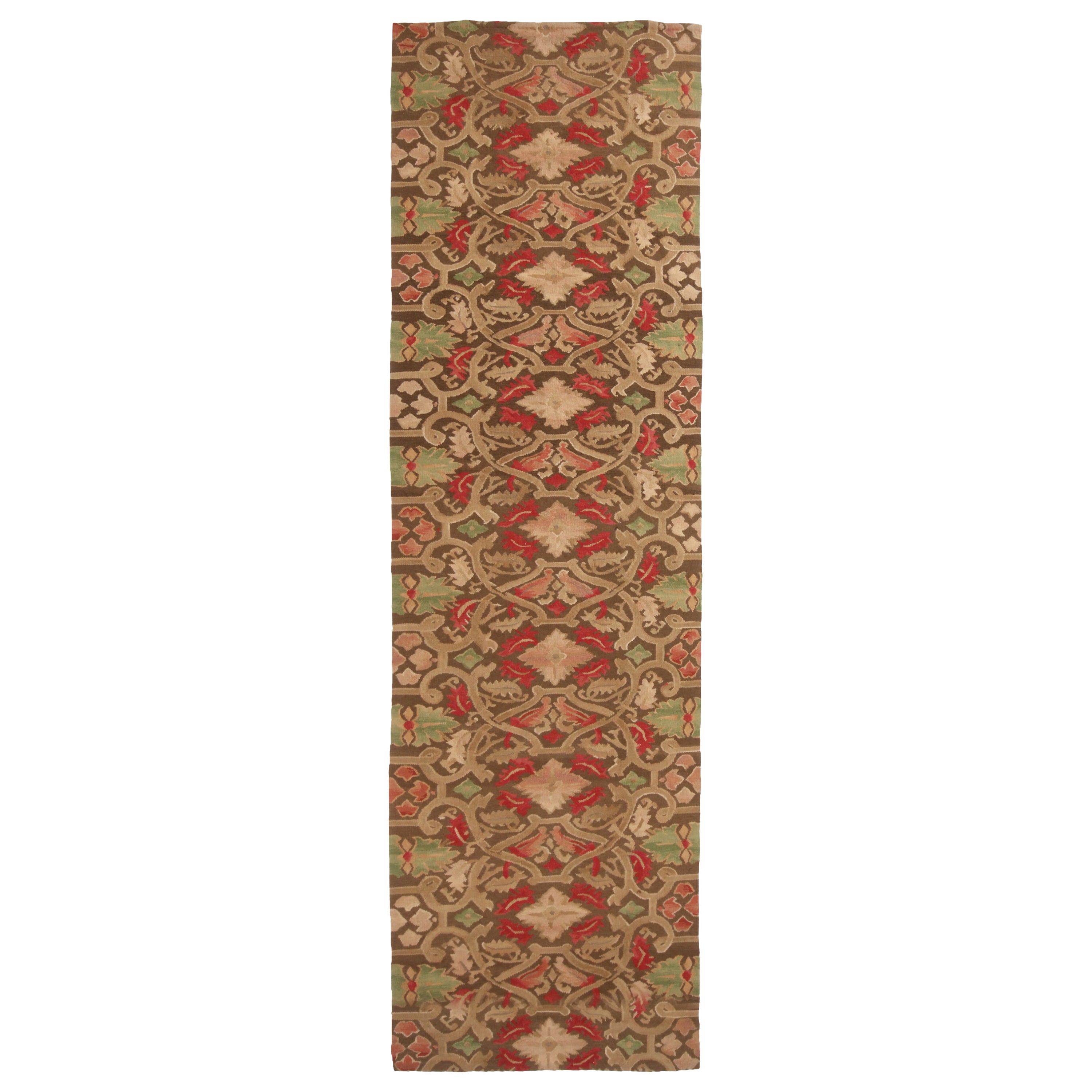 18th Century Aubusson Style Inspired Design Brown Wool Runner by Rug & Kilim For Sale