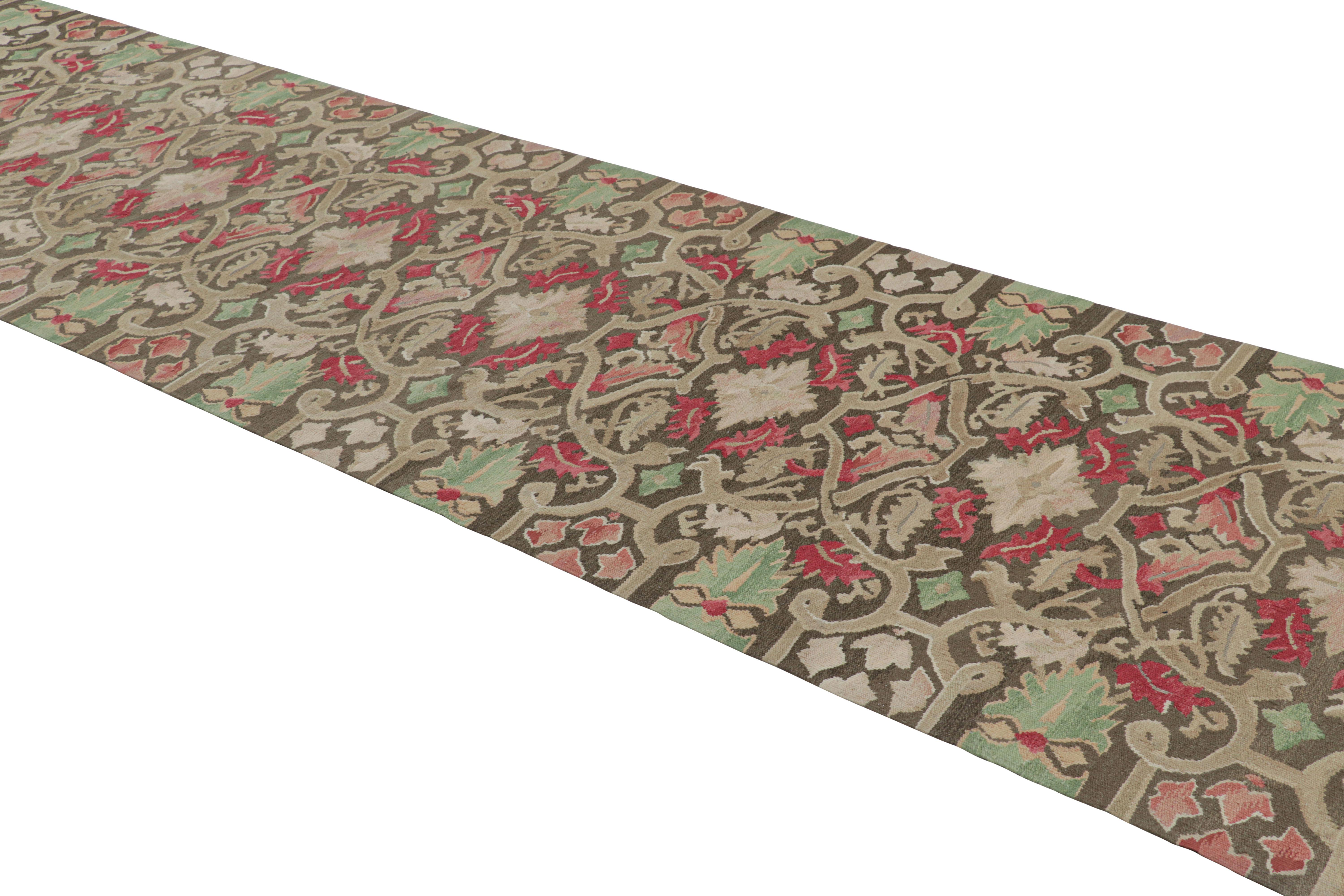 Originating from China, this wool runner features an all over field design inspired by 18th century Aubusson masterpieces with a contemporary play on a borderless, vertically repeating floral pattern. Hand knotted in durable wool body, the distinct