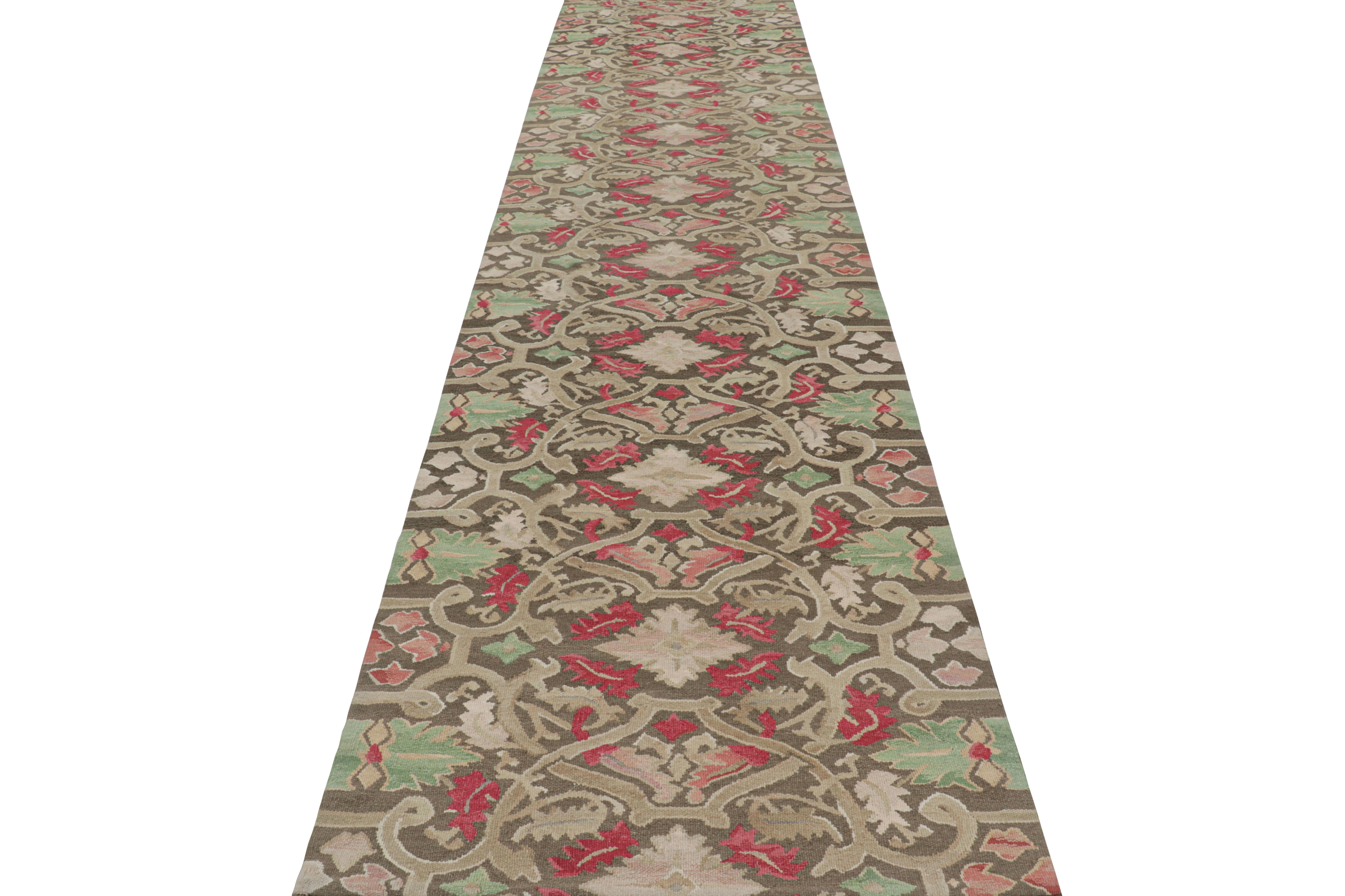 Hand-Knotted 18th Century Aubusson Style Inspired Design Brown Wool Runner by Rug & Kilim For Sale