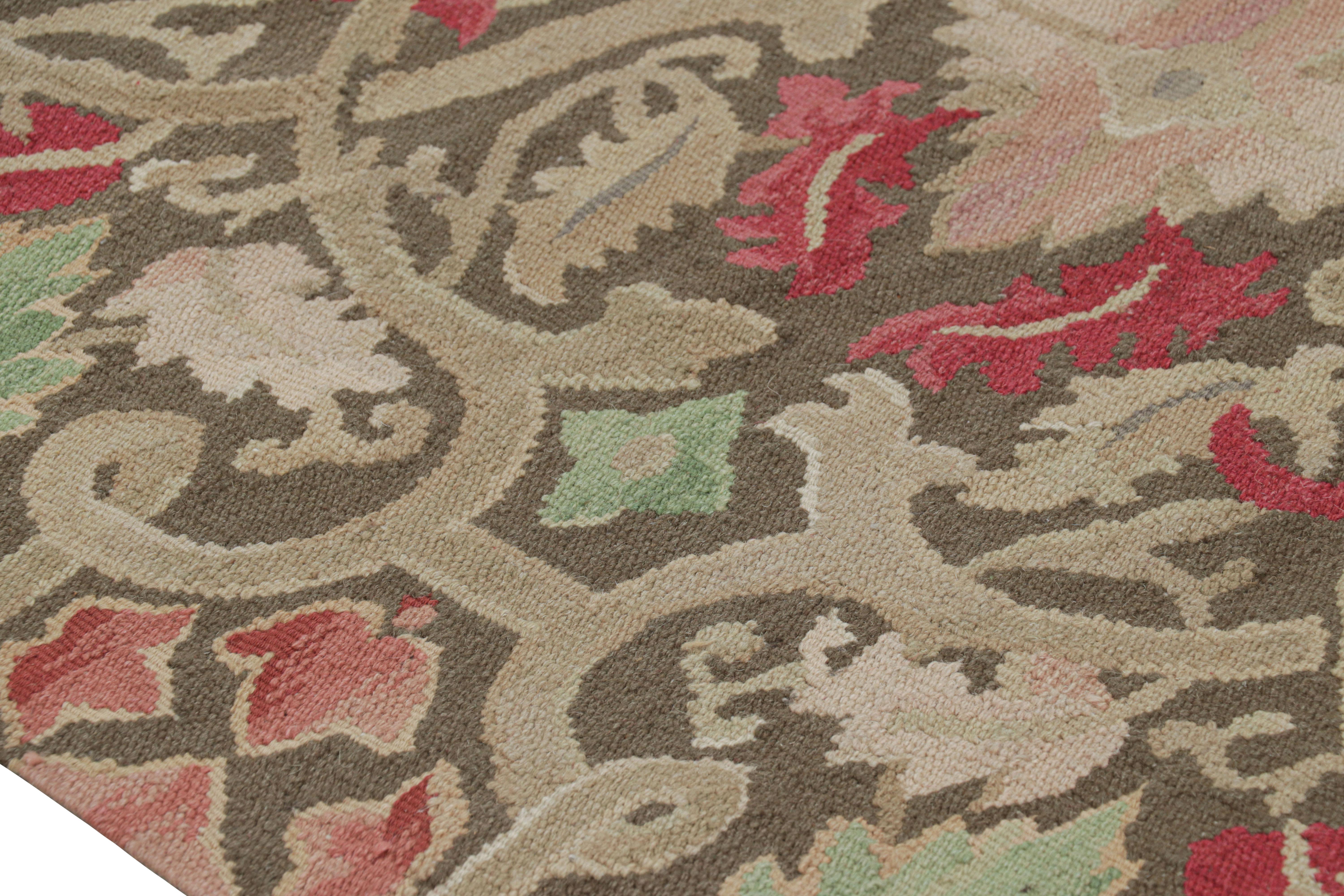 Contemporary 18th Century Aubusson Style Inspired Design Brown Wool Runner by Rug & Kilim For Sale