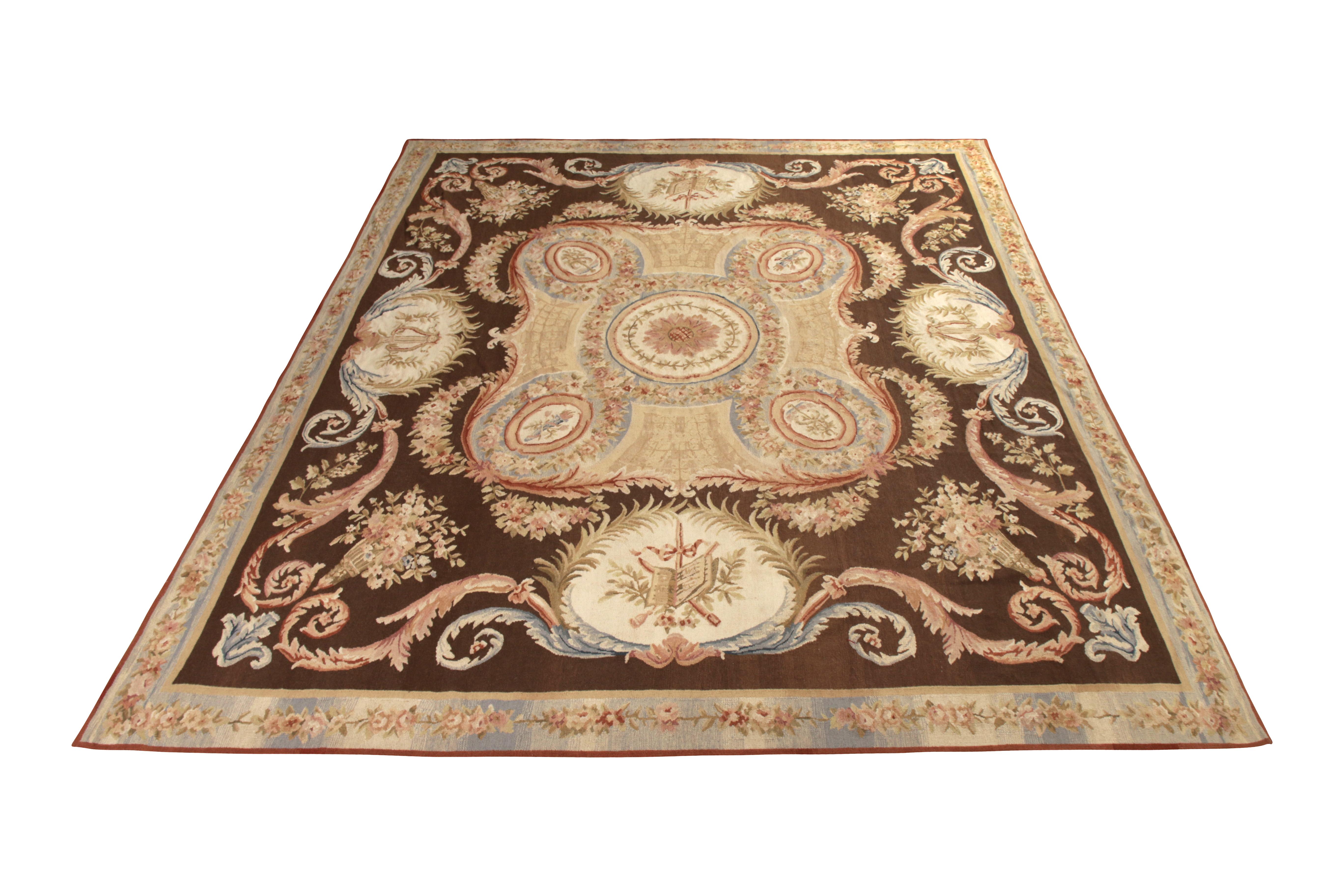 Handmade with flat-woven wool, this contemporary Kilim rug from the European collection by Rug & Kilim draws inspiration from traditional 18th century Aubusson rug design, enjoying an alluring medallion style in forgiving beige-brown and camel tones