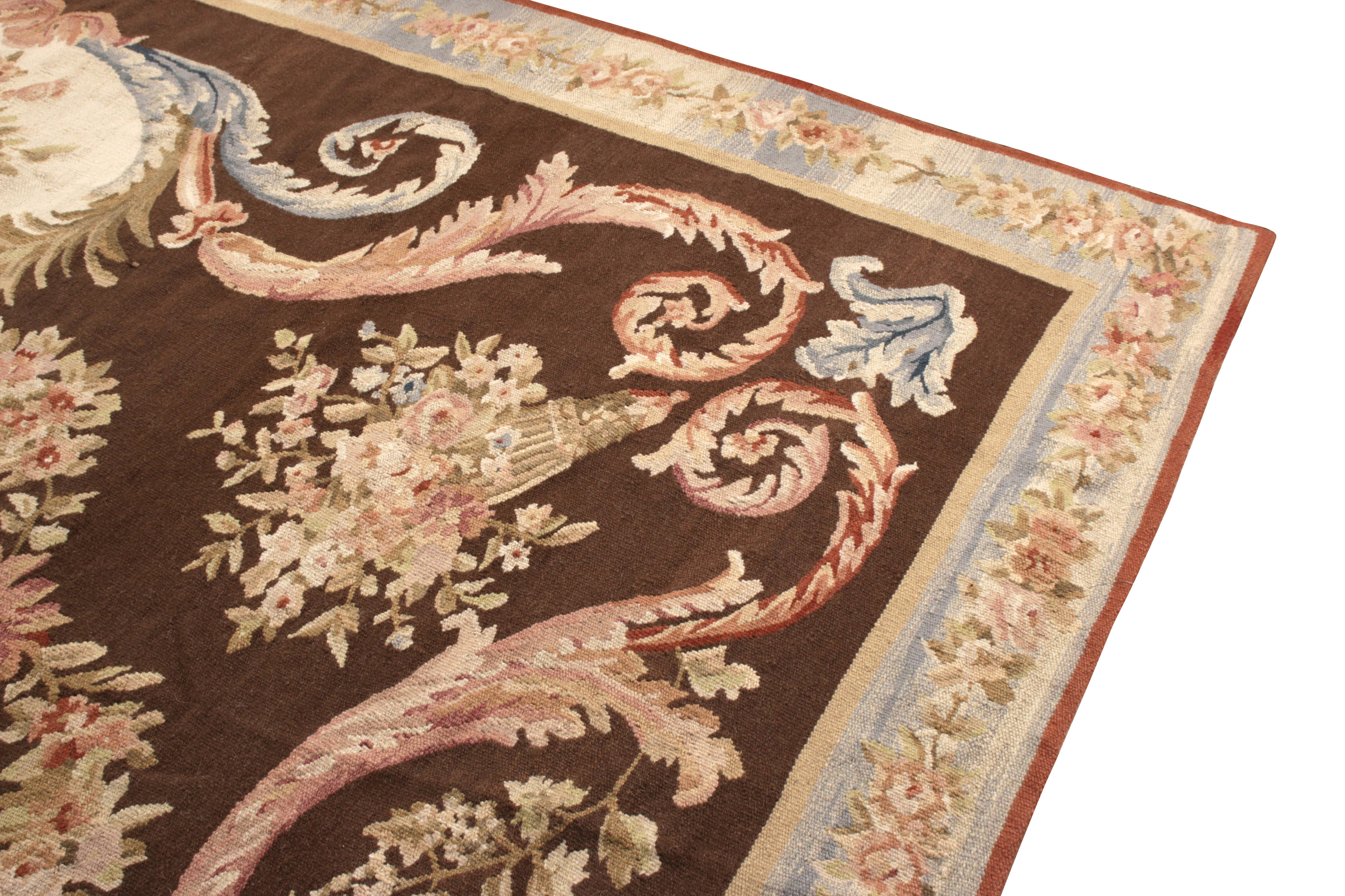 Chinese Rug & Kilim's 18th Century Aubusson Style Kilim Beige Brown Medallion Style Rug For Sale