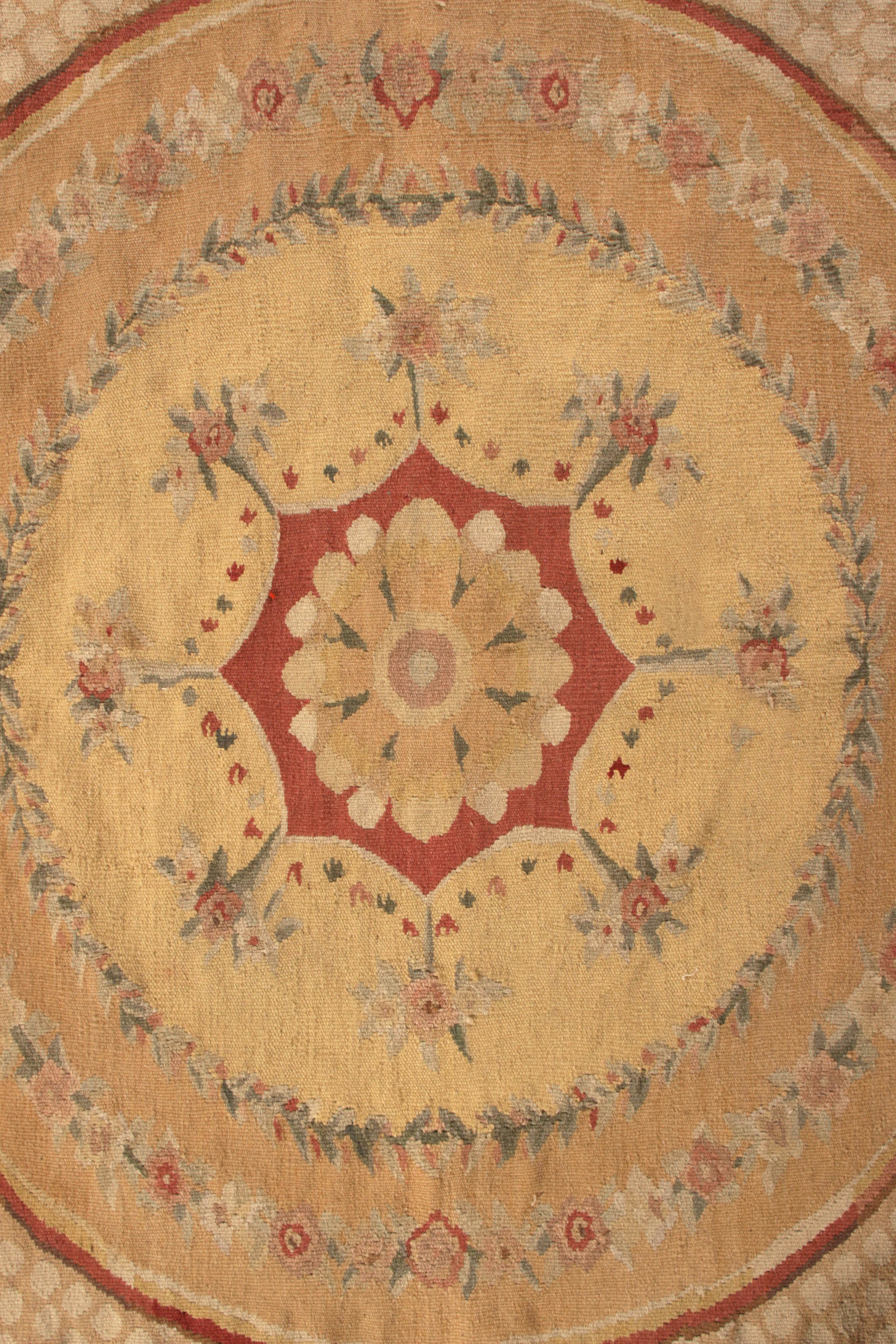 Hand-Knotted 18th Century Aubusson Style Kilim Beige Brown Medallion Style Rug For Sale
