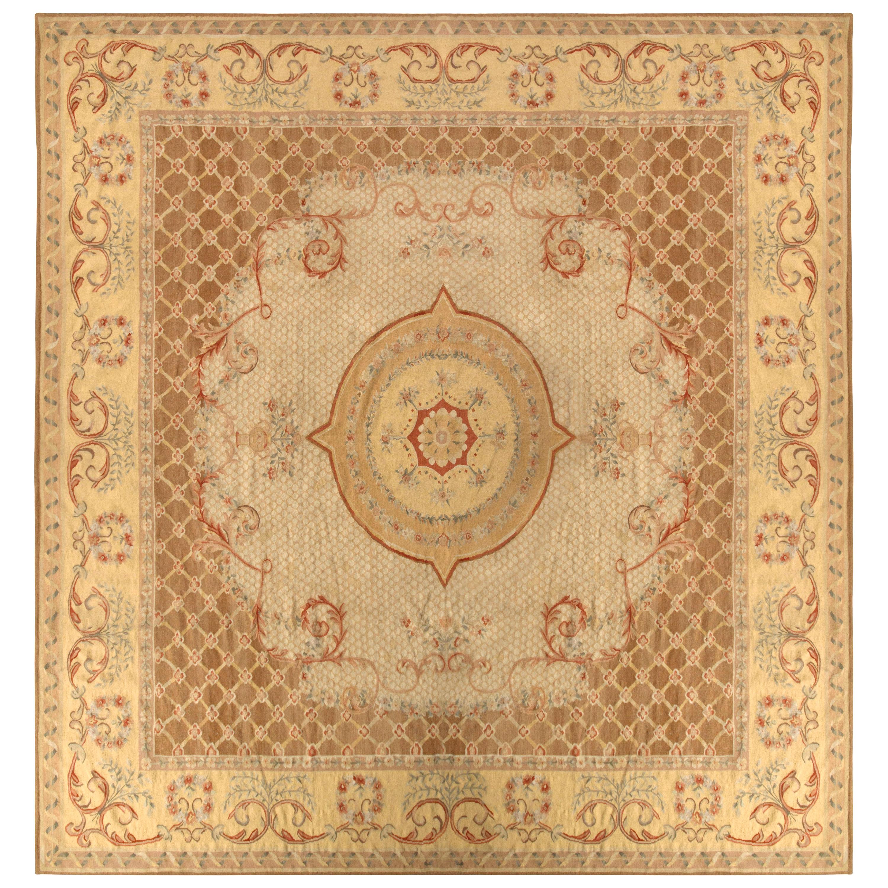 18th Century Aubusson Style Kilim Beige Brown Medallion Style Rug For Sale