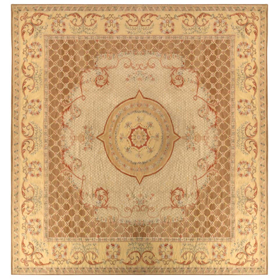 18th Century Aubusson Style Kilim Beige Brown Medallion Style Rug For ...