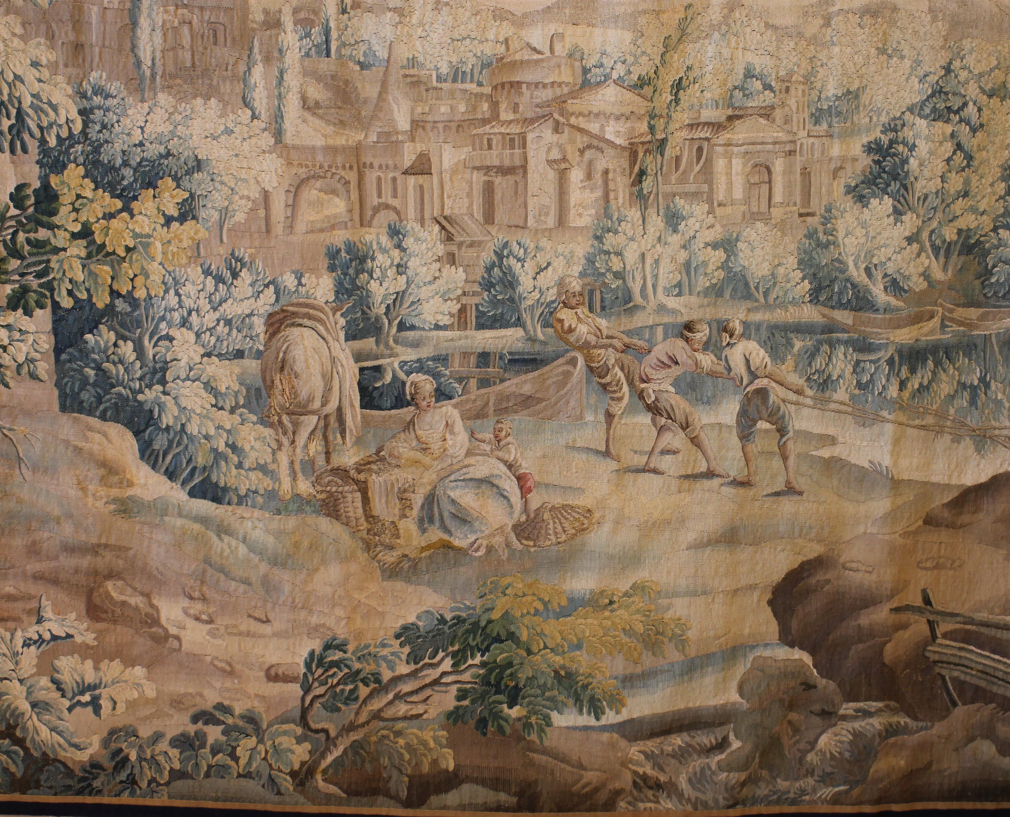 Superb 18th century Aubusson tapestry representing a village scene from france
tapestry in very good condition which has kept very beautiful colors in pastel tones and which is ready to be placed directly in an interior.

The tapestry is quarter