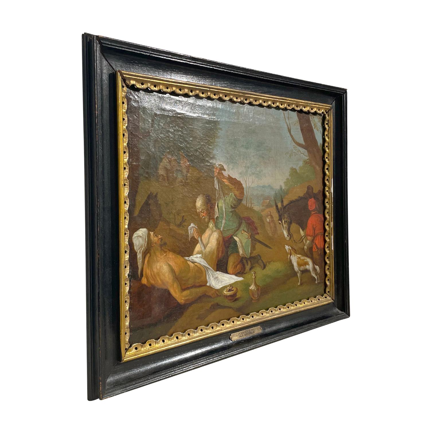 A light-brown, green antique Austrian Baroque oil on canvas painting by Franz Xaver Hornöck in a hand crafted original black, partly gilded wooden frame, in good condition. The vintage painting depicts a wounded nude man receiving assistance from a