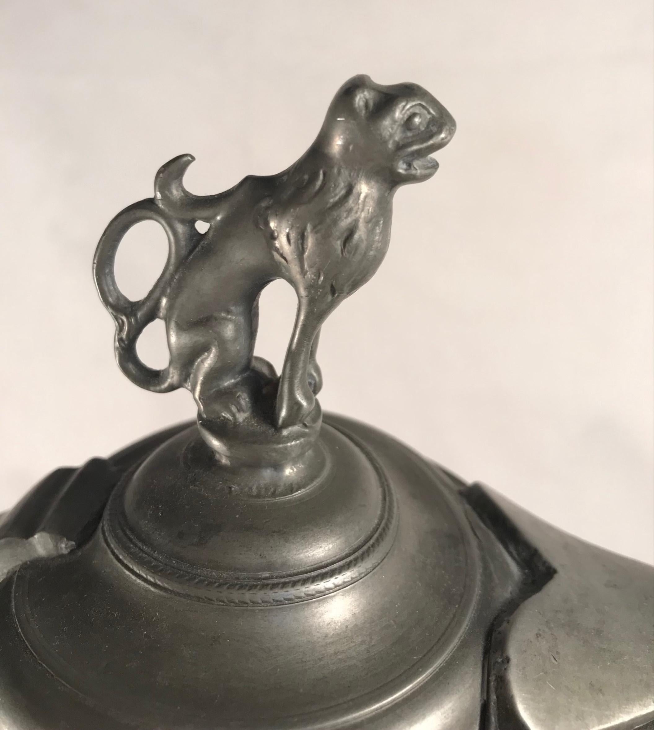 18th Century Austrian-Hungarian Pewter Tankard Hinged Lion Lid For Sale 1