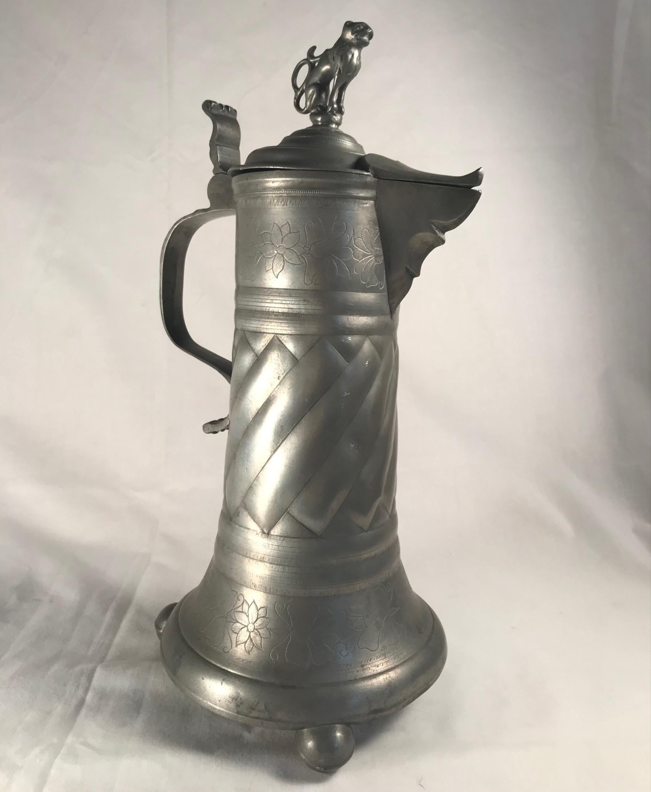 18th Century Austrian-Hungarian Pewter Tankard Hinged Lion Lid For Sale 6