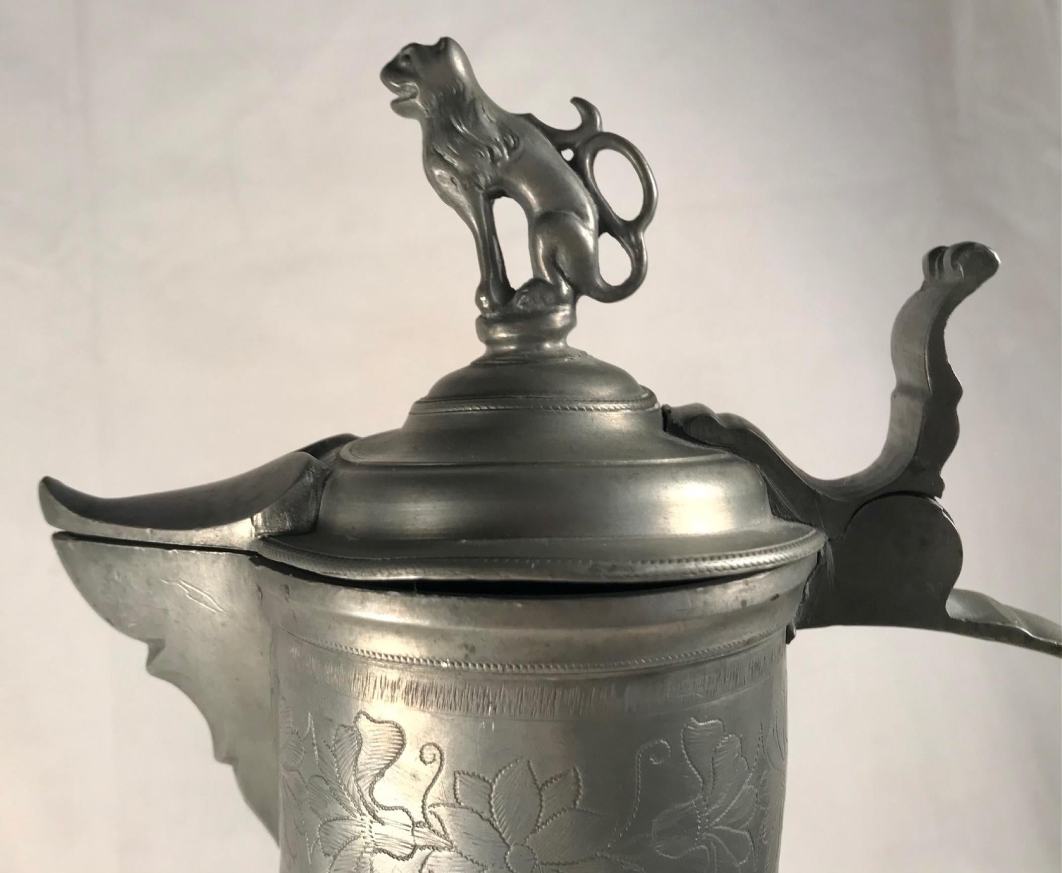 18th Century and Earlier 18th Century Austrian-Hungarian Pewter Tankard Hinged Lion Lid For Sale