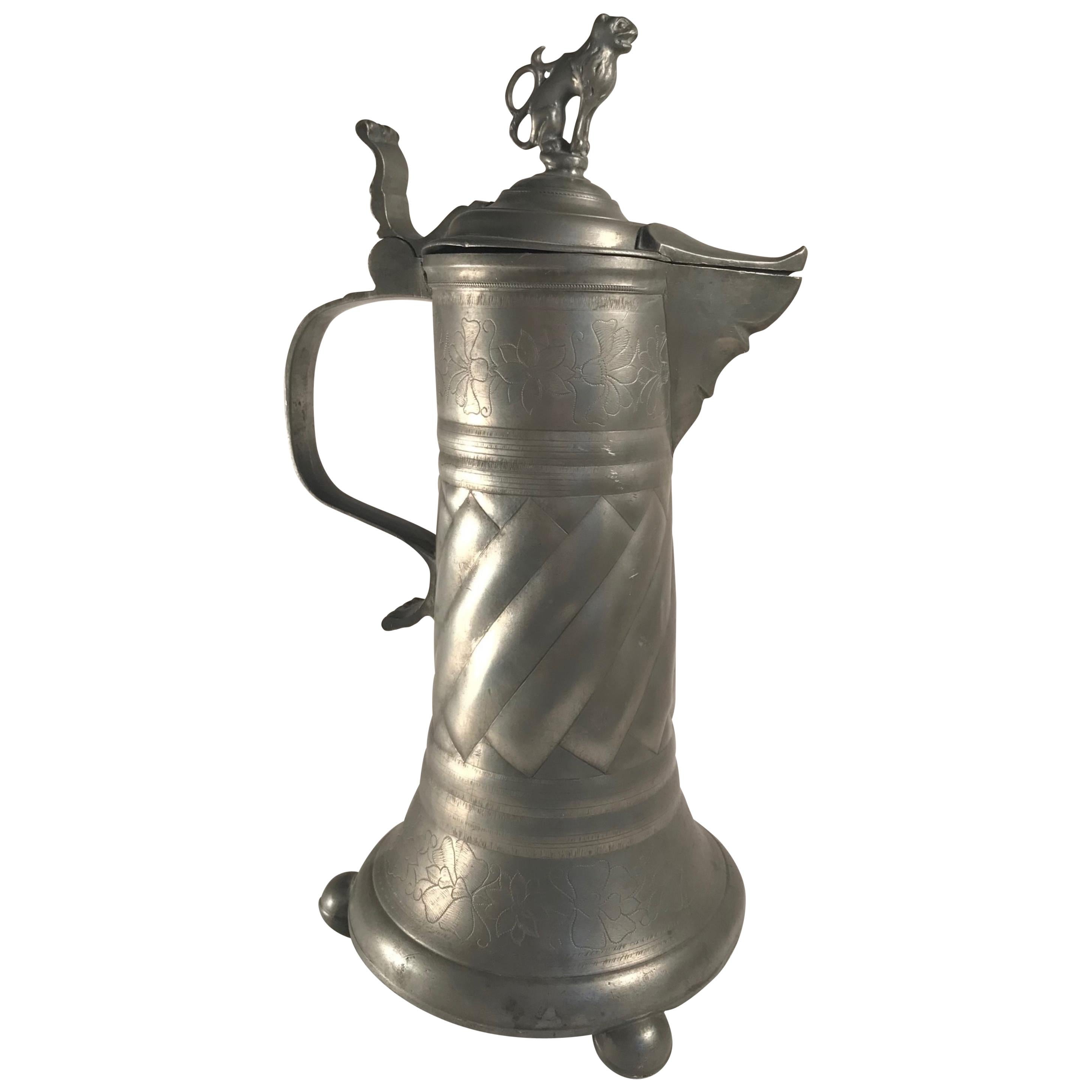 18th Century Austrian-Hungarian Pewter Tankard Hinged Lion Lid