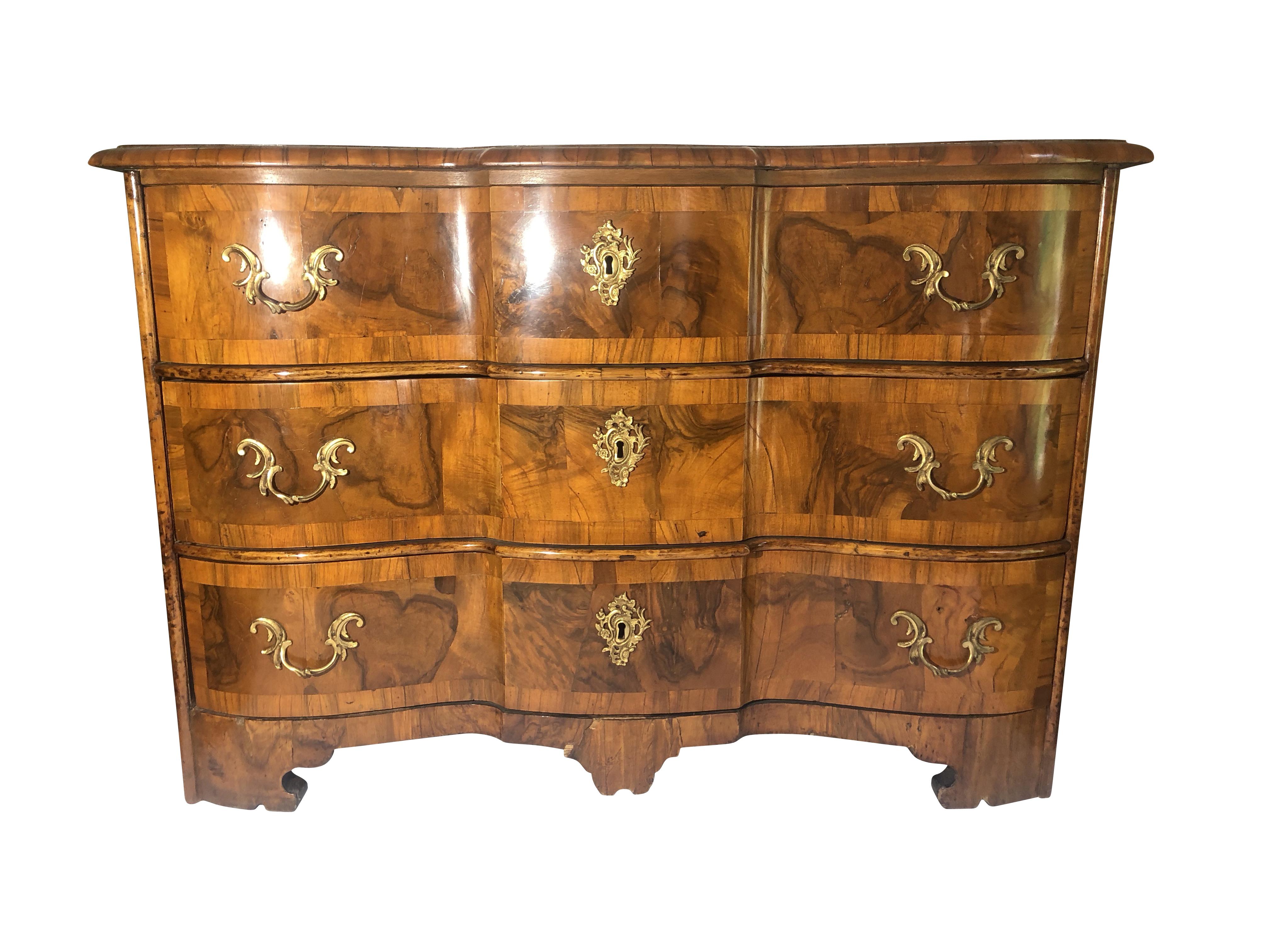 18th Century Austrian Rococo Walnut Inlaid Three-Drawer Chest In Good Condition For Sale In Essex, MA