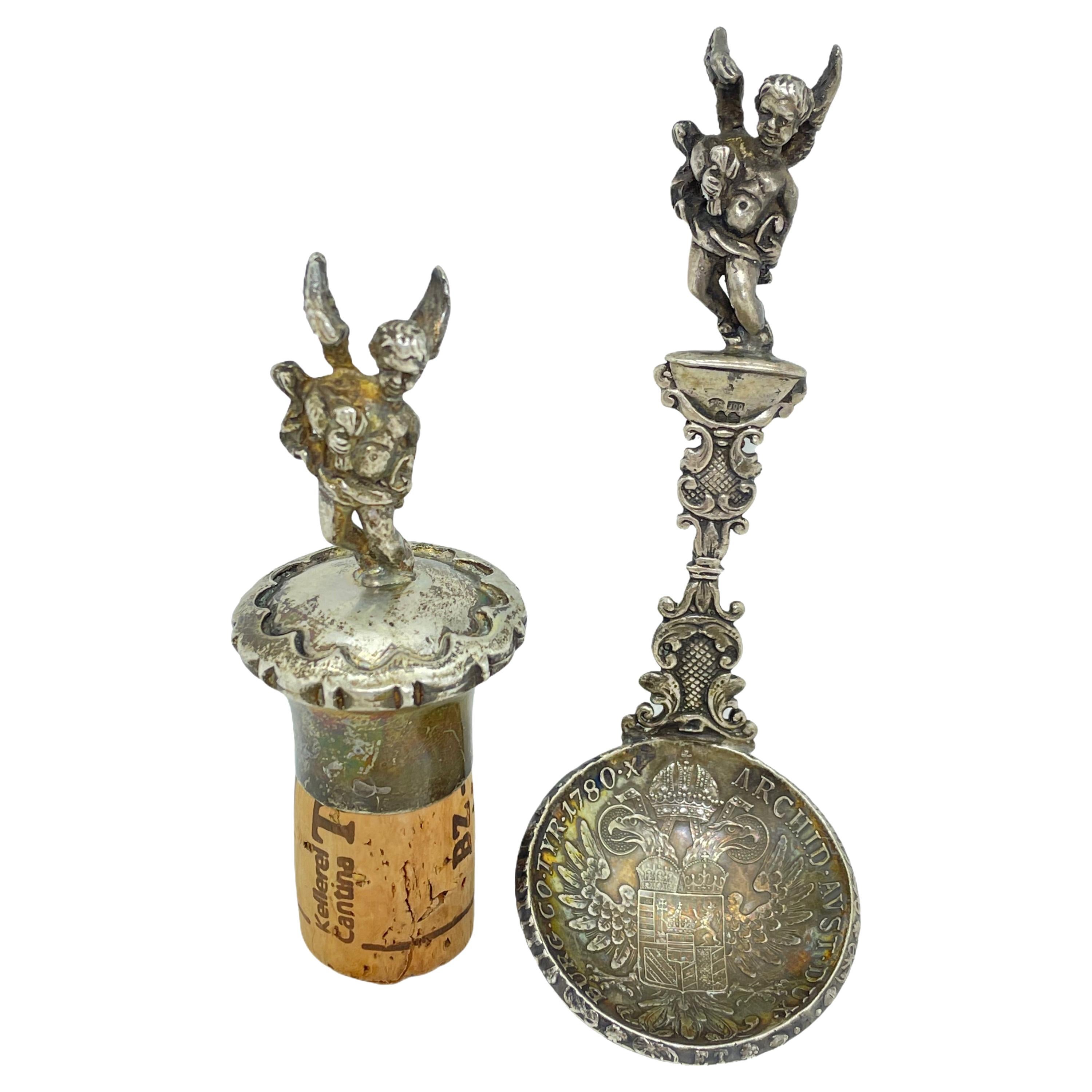 18th Century Austrian Silver Tasting Spoon and Bottle Topper Cupid Silver 900 For Sale