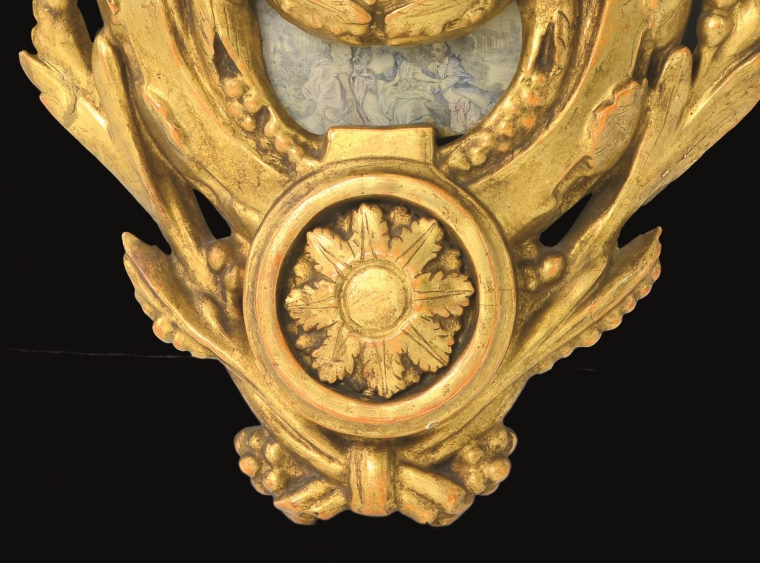 18th Century Austrian Wien Golden Clock Pendulum Carved Cartel Signed, 1700s In Good Condition For Sale In Torino, Torino
