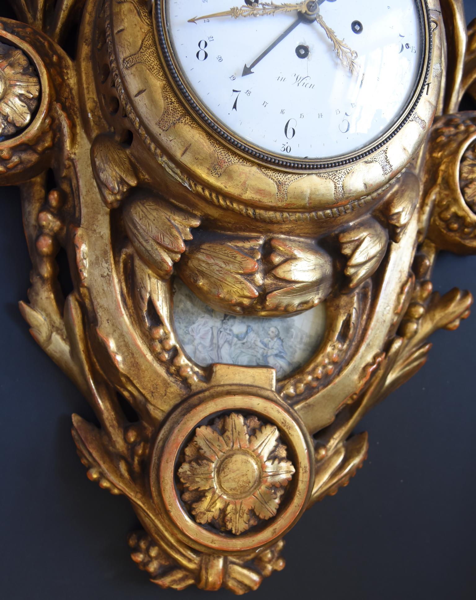 18th Century Austrian Wien Golden Clock Pendulum Carved Cartel Signed, 1700s For Sale 1