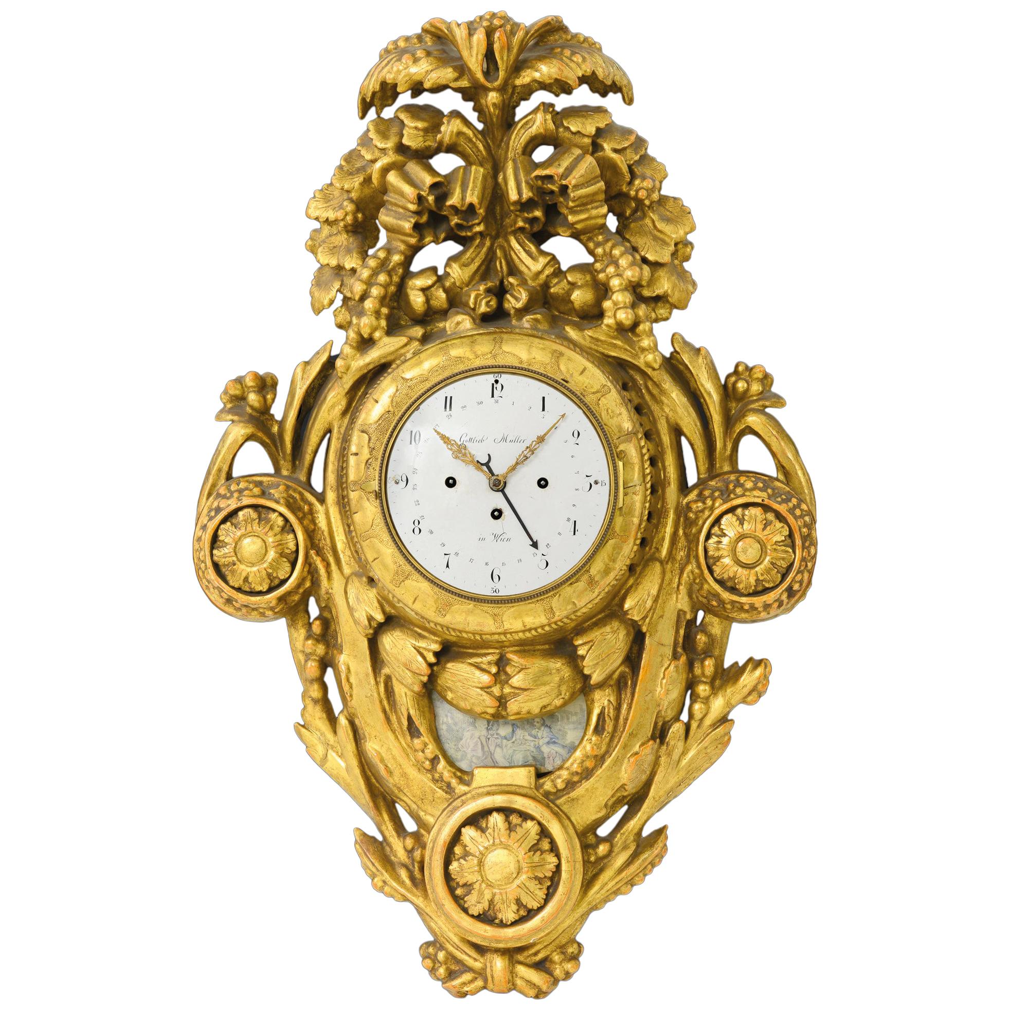 18th Century Austrian Wien Golden Clock Pendulum Carved Cartel Signed, 1700s For Sale