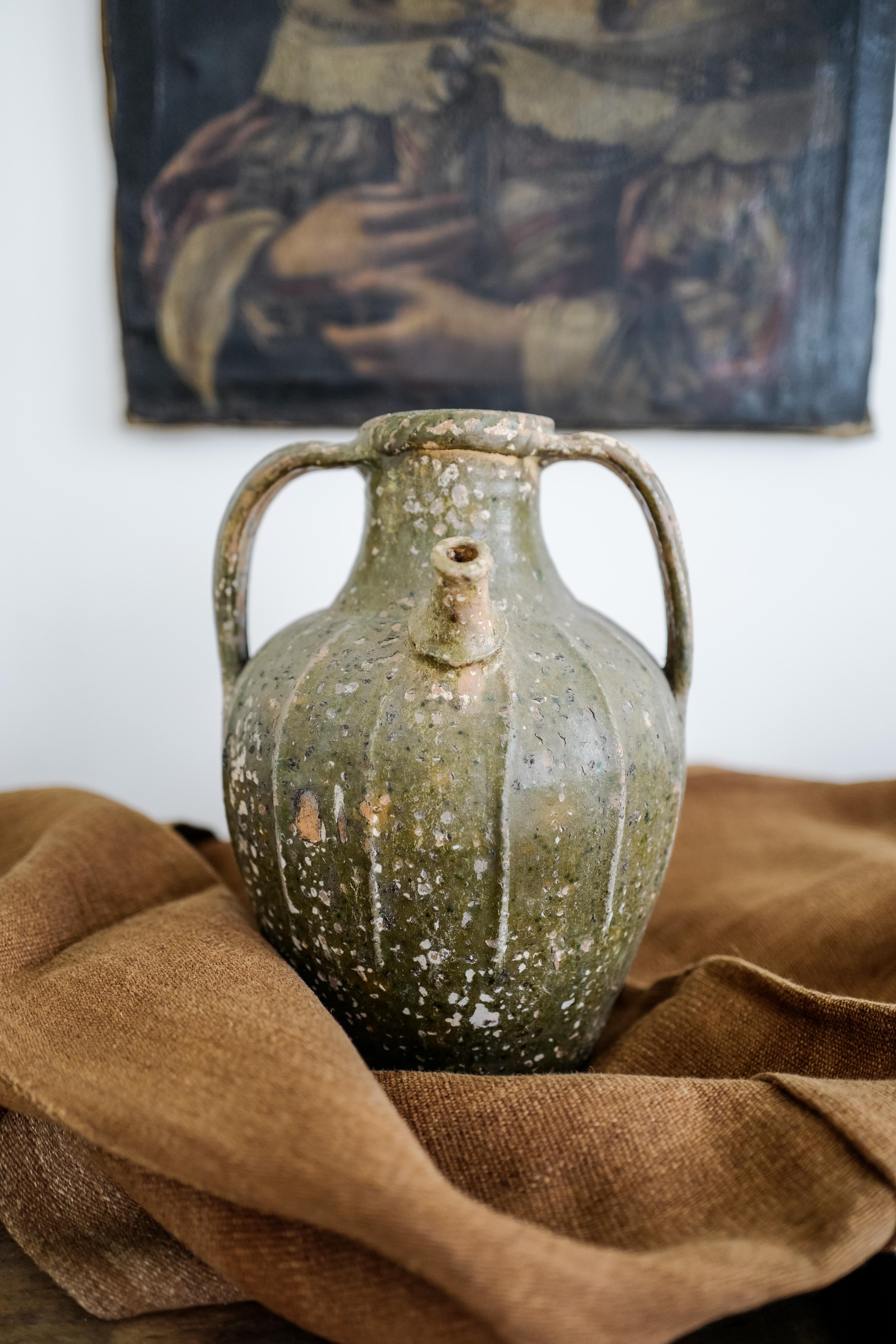 18th Century Green Auvergne France Walnut Oil Jar Pot For Sale 2