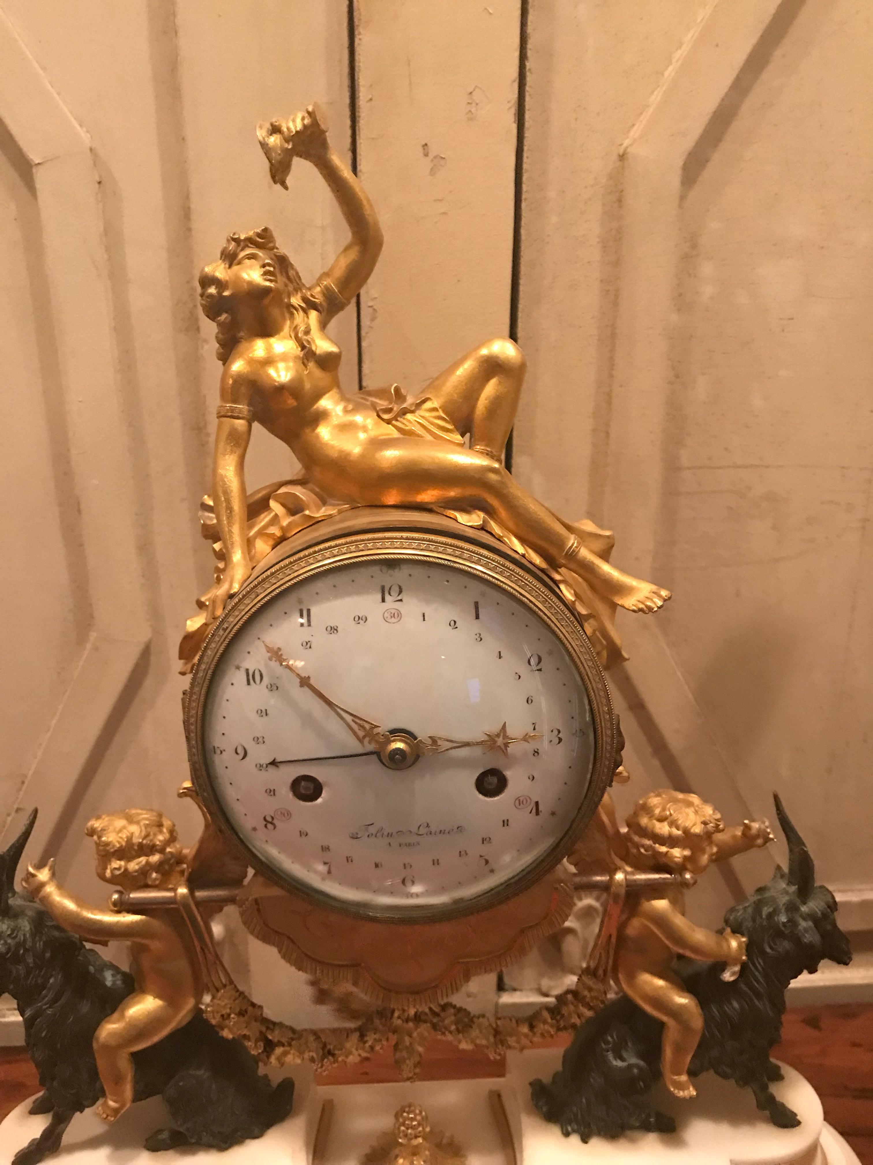 Louis XVI 18th Century Bacchante Bronze Dore’ Mantel Clock For Sale