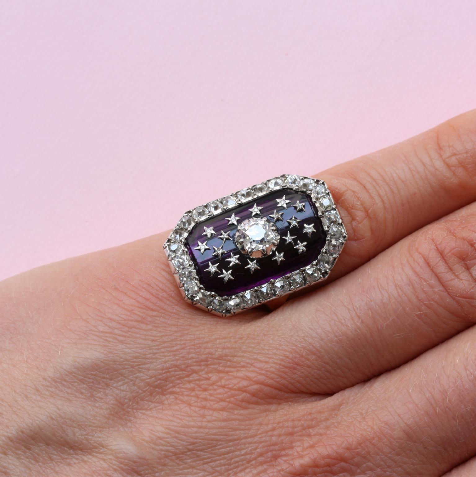 18th Century Bague au Firmament with Diamonds and Purple Glass 1