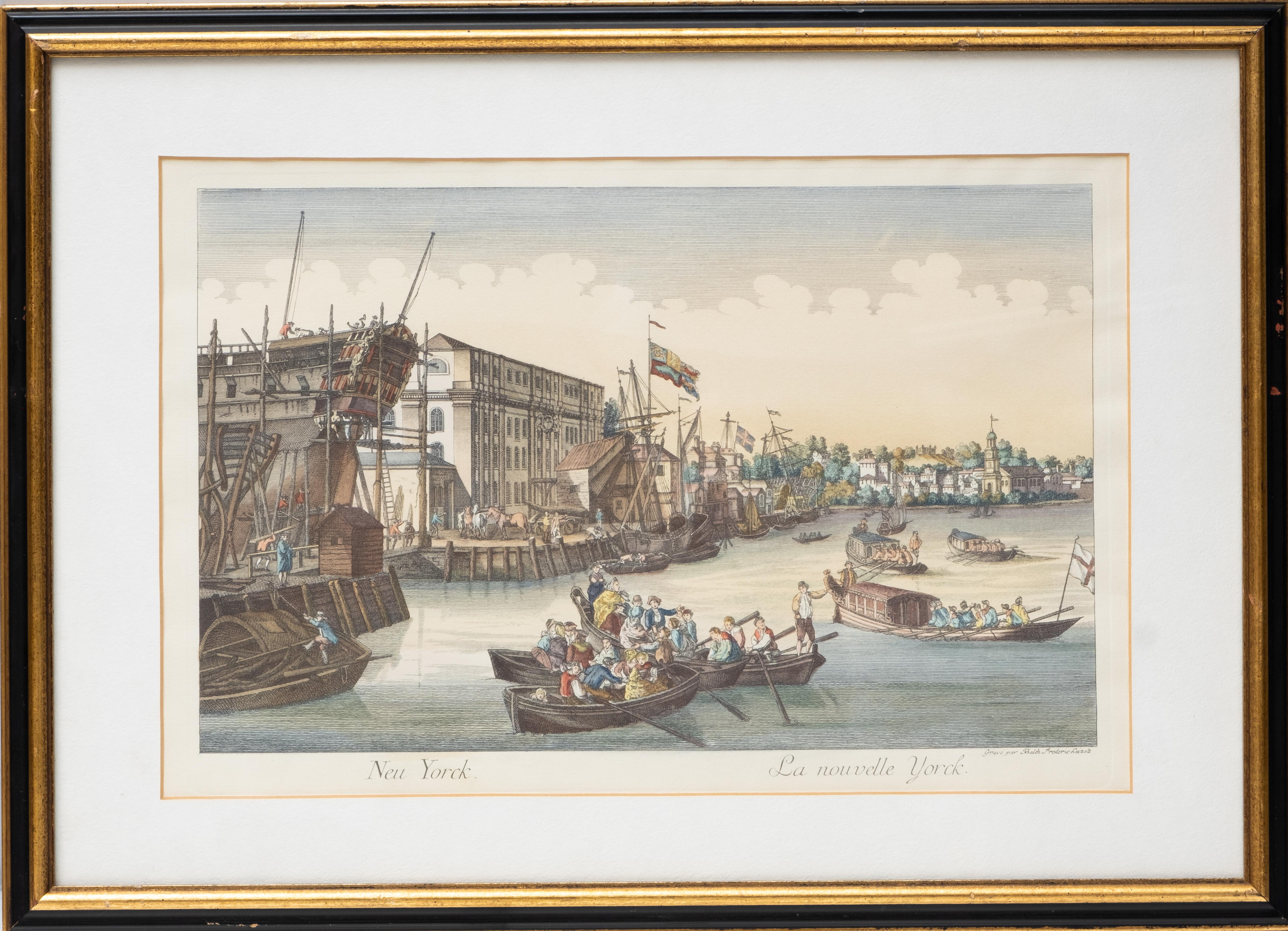 Ansicht von Lower Manhattan Harbor New York Entrance aus dem 18. Jahrhundert von Balthasar Frederic Lazelt, kolorierter Stich der ursprünglichen Anlegestellen des New Yorker Hafens, gefüllt mit Schiffen und Handel, 1775.

Balthasar Friedrich Leizelt