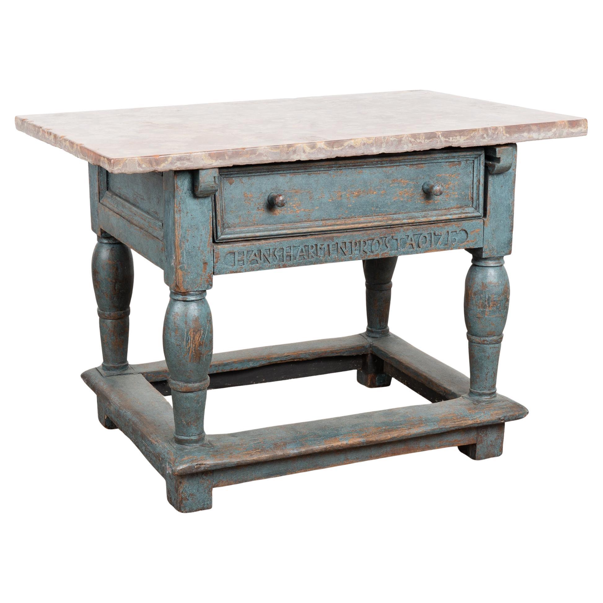 18th Century Baroque Blue Painted Oak Stone Top Table, Sweden