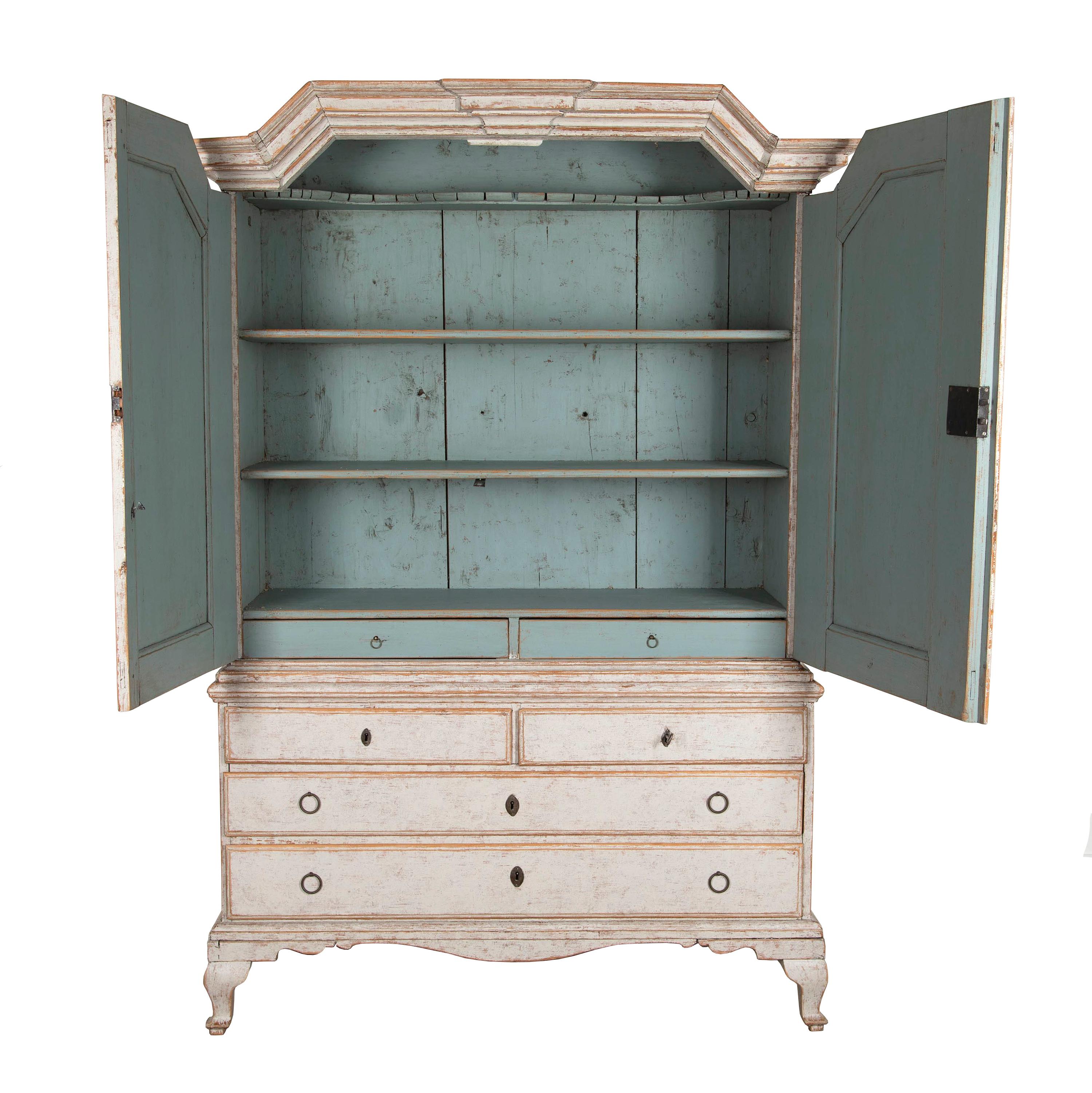 Impressive period Baroque cabinet in two parts. This cabinet has been later painted with light grey paint. 
Featuring a decorative bonnet top and a column-carved pediment that supports two large panelled doors that open to useful storage. The