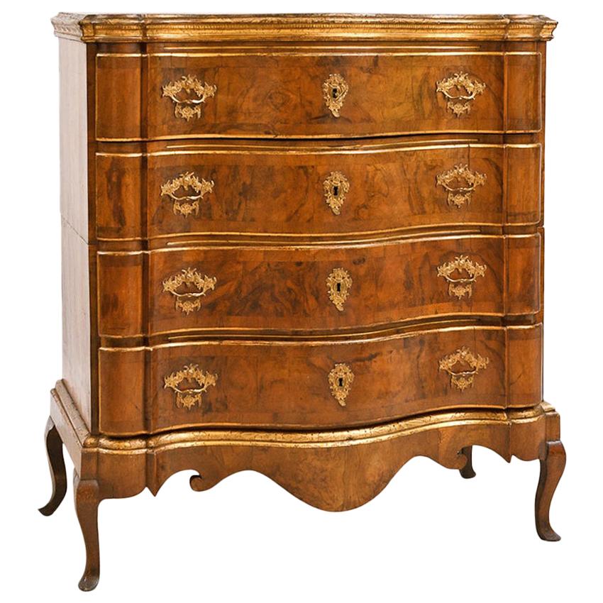 18th Century Baroque Chest of Drawers in Burl Walnut with Embossed Gilding For Sale