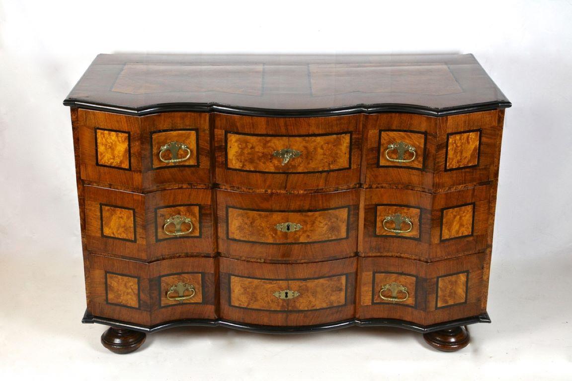 Austrian 18th Century Baroque Chest Of Drawers, Nutwood/ Maple, Austria circa 1770 For Sale