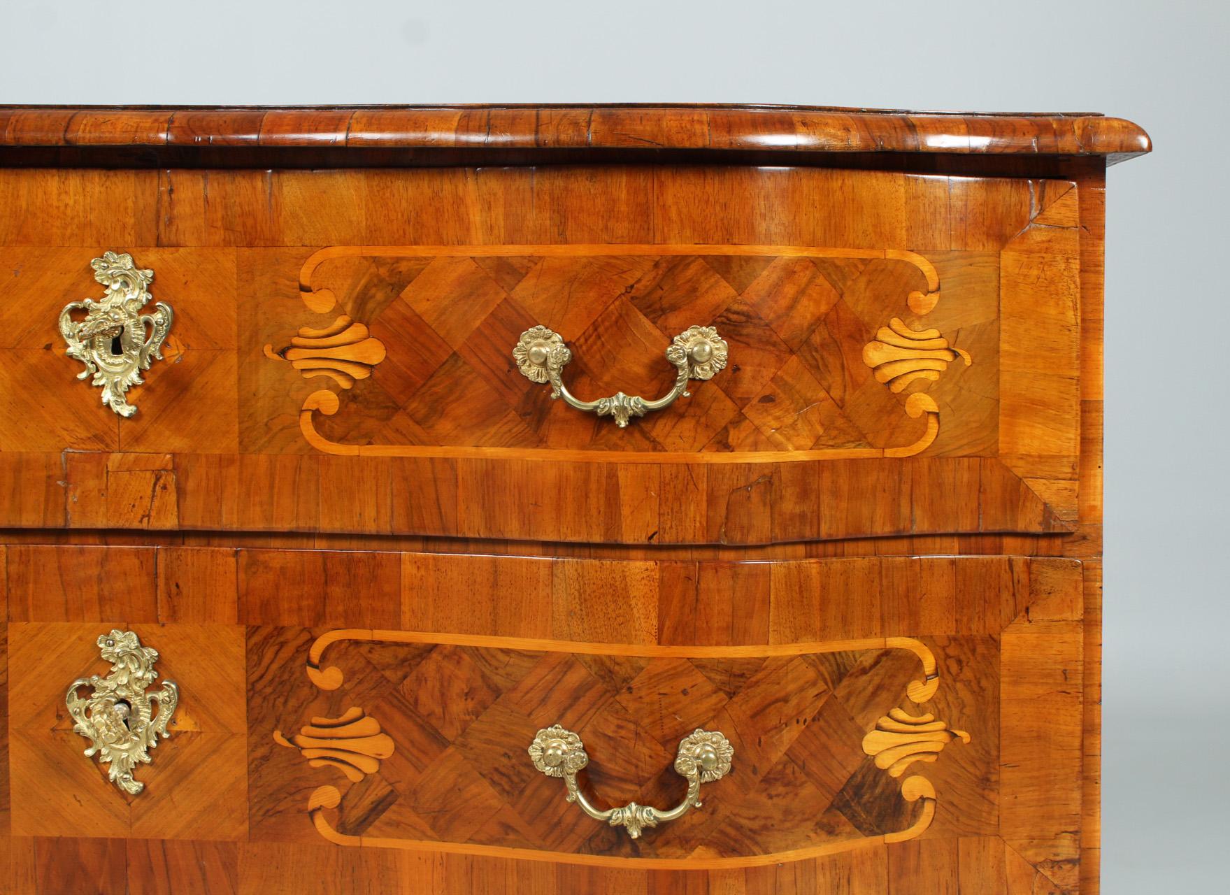 Marquetry 18th Century Baroque Chest of Drawers, Walnut, Germany, Circa 1750