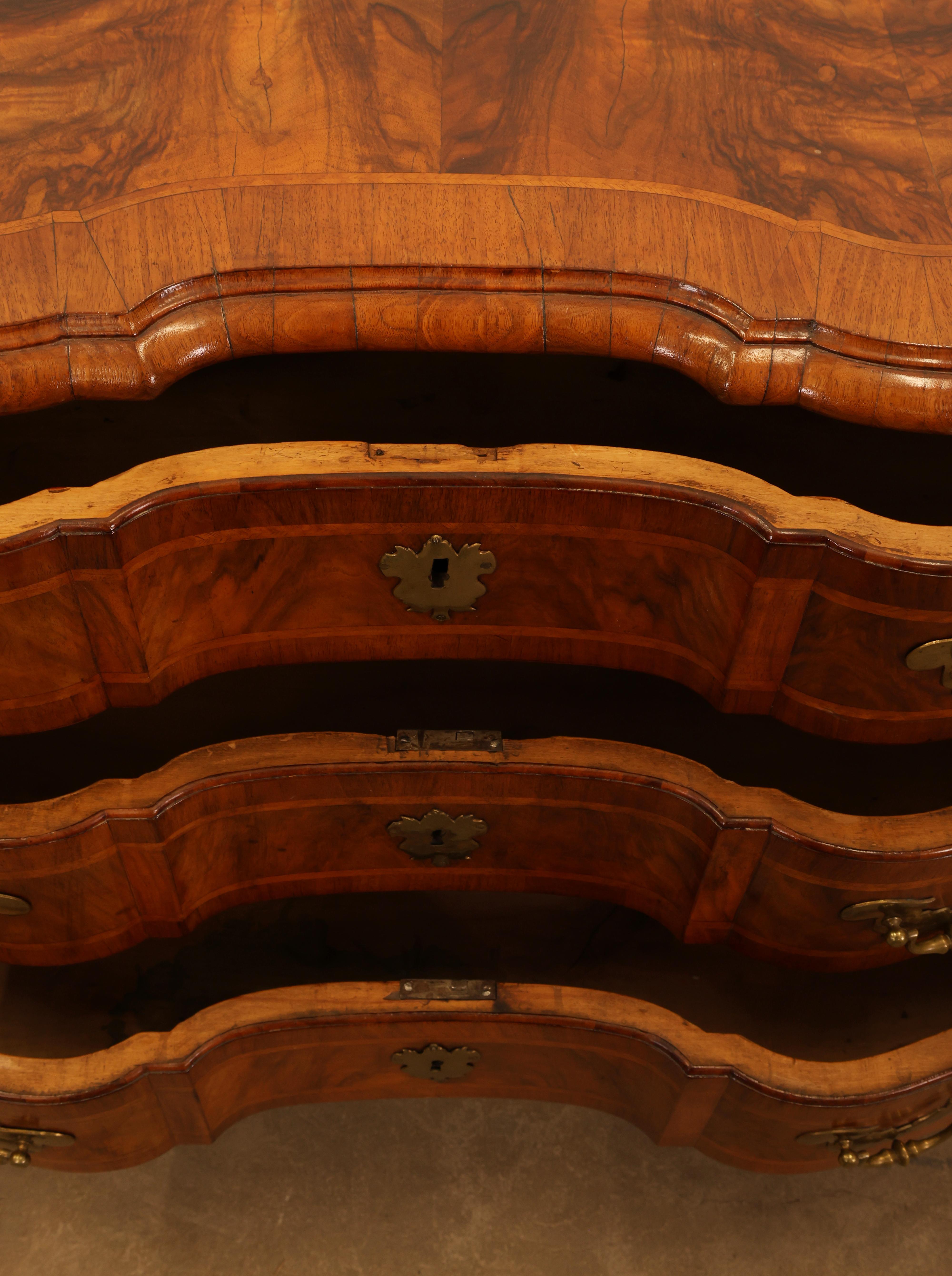 A high-quality Stockholm piece in late Baroque style from the 1740s. Signed on the back (IHF) by Johan Hugo Fürloh (active 1724–1745). The commode is veneered in walnut with contrasting wood in the friezes. It retains its original locks and
