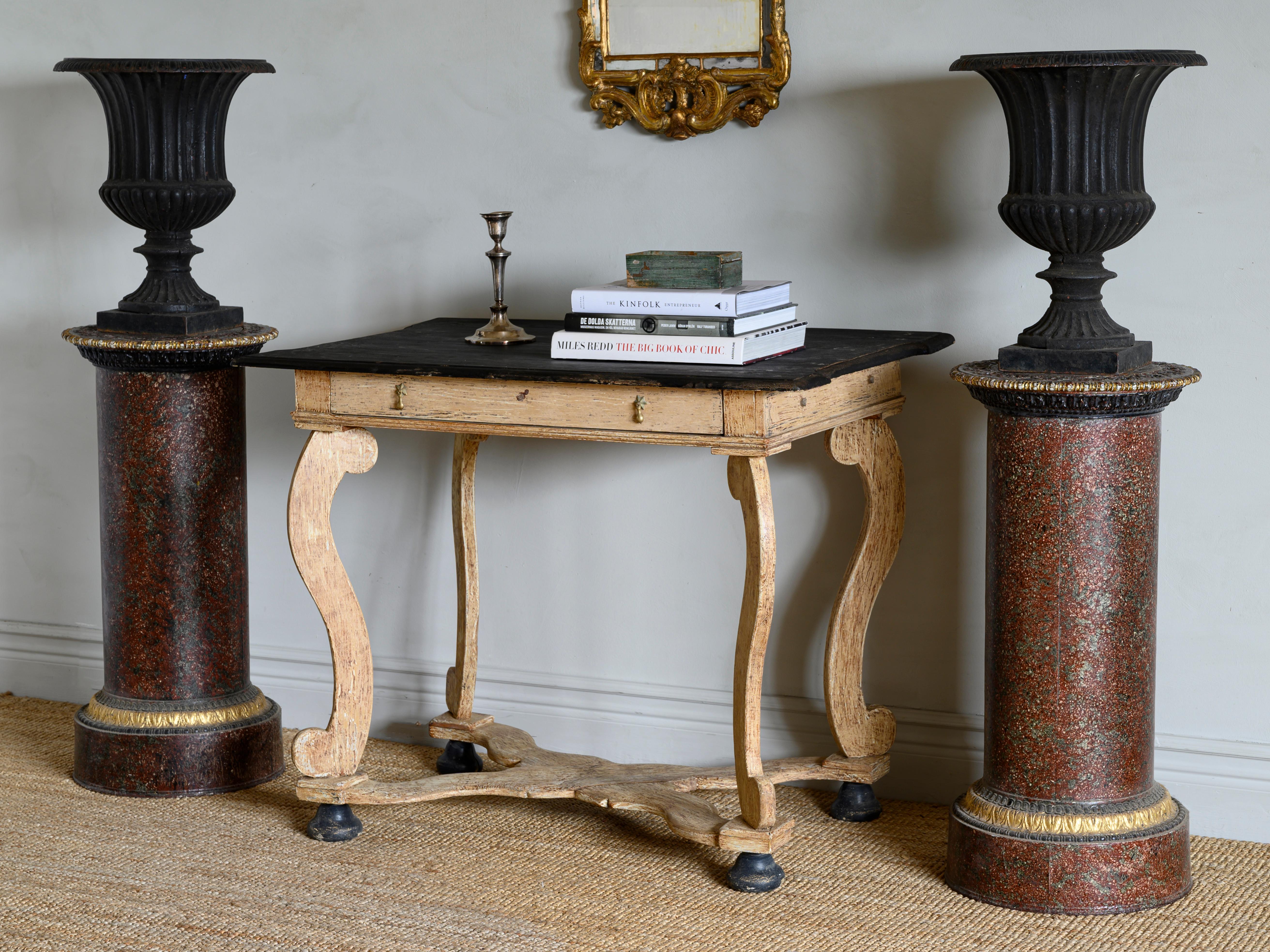 Swedish 18th century Baroque console table with one drawer, circa 1750

Good condition with wear consistent with age and use. Dry scraped to reveal the original finish, top in a secondary color. Structurally good and sturdy.