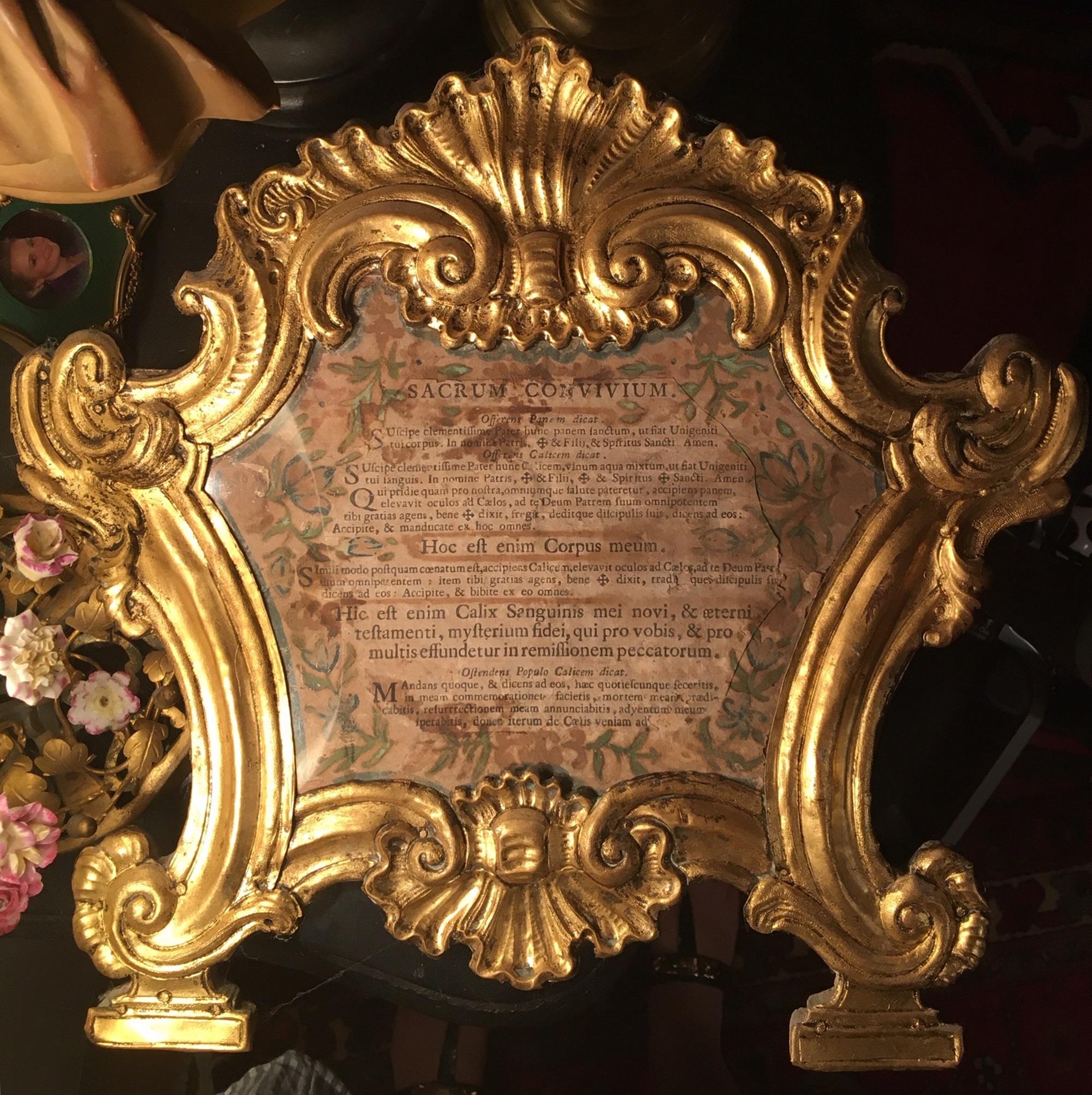 This original 18th century frame is gilded over copper. It is elaborately embossed and chiseled. The cartouche is surrounded by rocaille and volute motifs. The Carta is mounted on a wood backing and rests on two linear bases. It is very rare to find