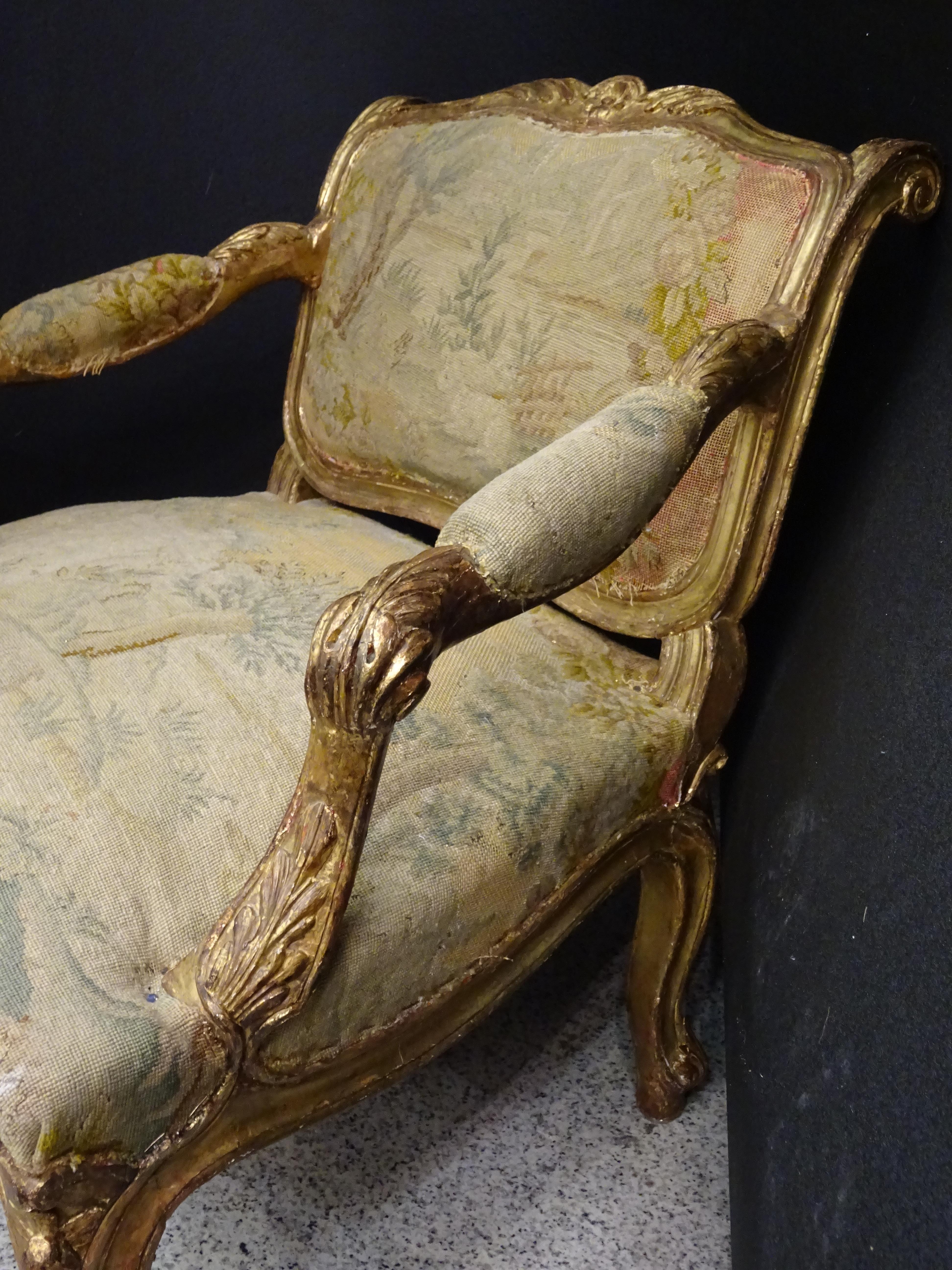18th  Baroque French Armchair Carved and Gilded Wood , with Tapestry 4