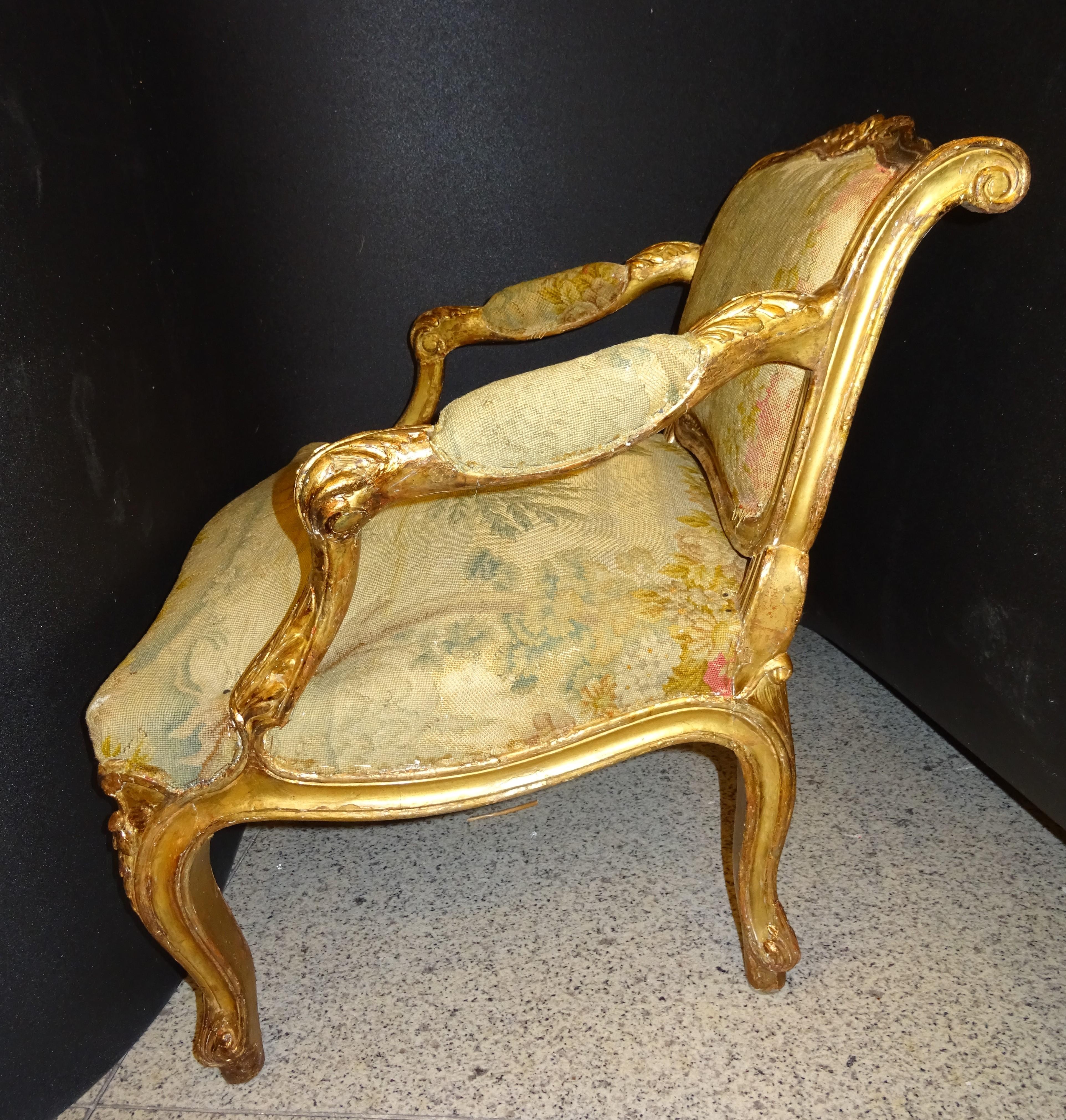 18th  Baroque French Armchair Carved and Gilded Wood , with Tapestry 5
