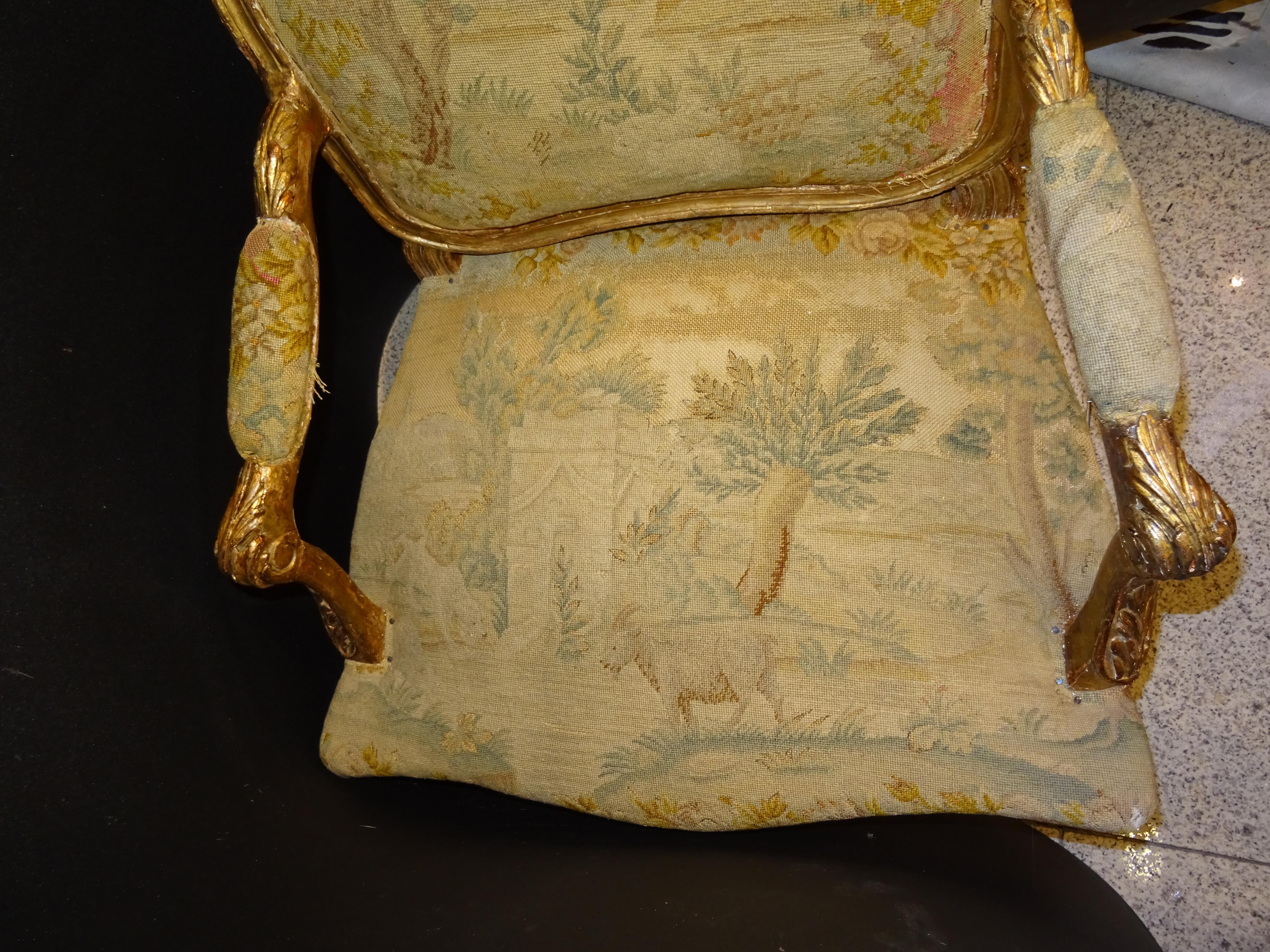 18th  Baroque French Armchair Carved and Gilded Wood , with Tapestry 7