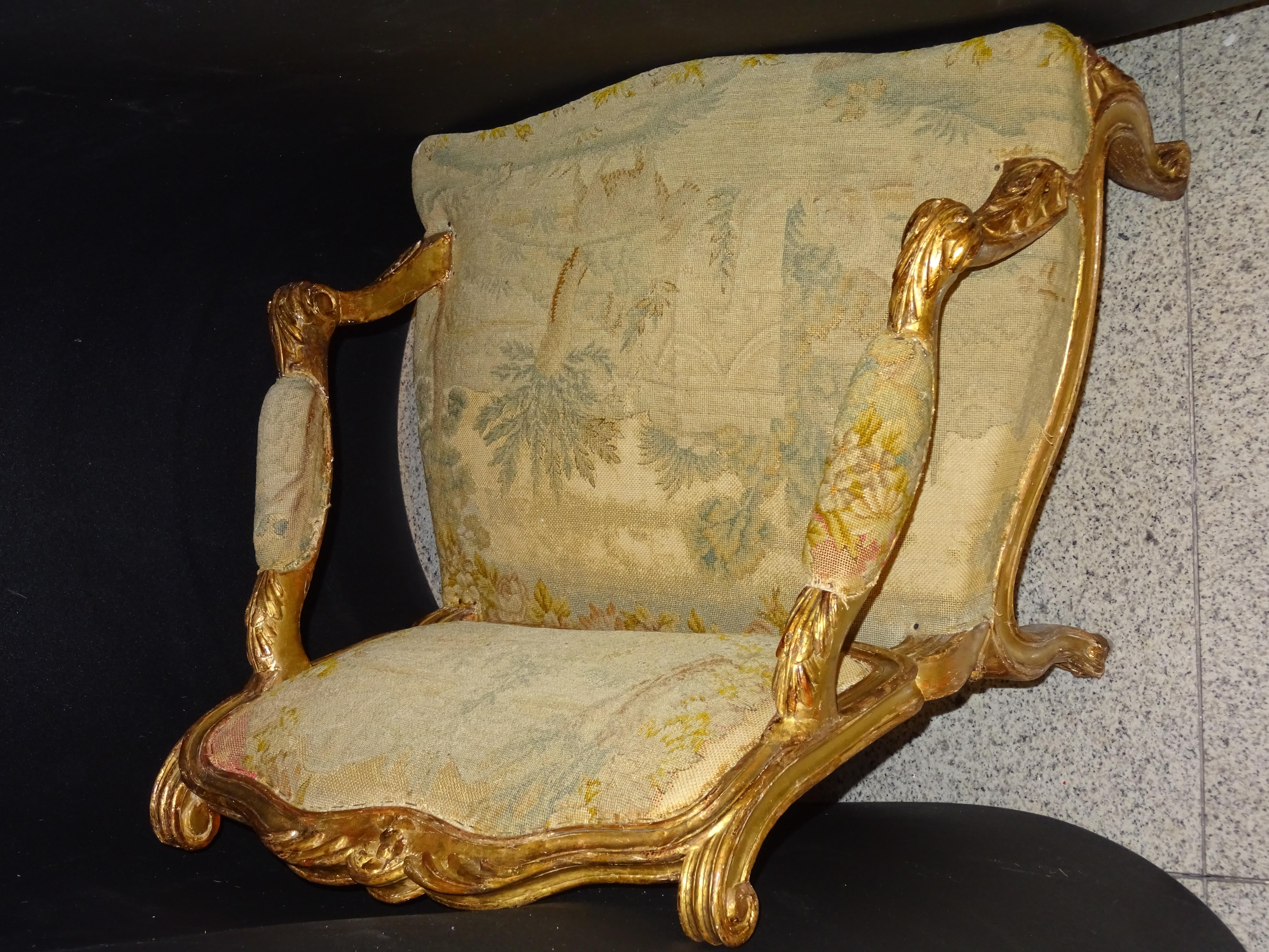 18th  Baroque French Armchair Carved and Gilded Wood , with Tapestry 11