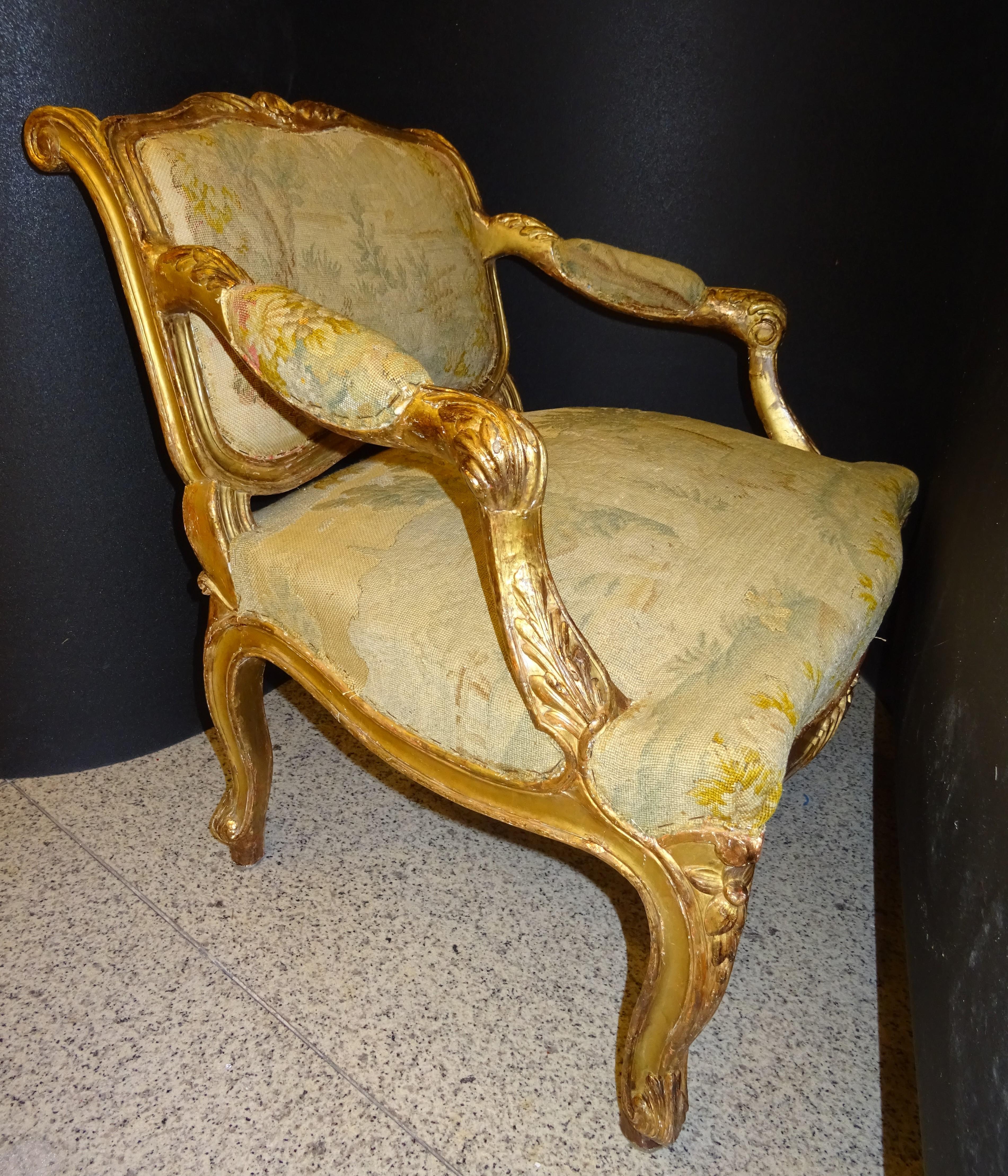 18th  Baroque French Armchair Carved and Gilded Wood , with Tapestry 14