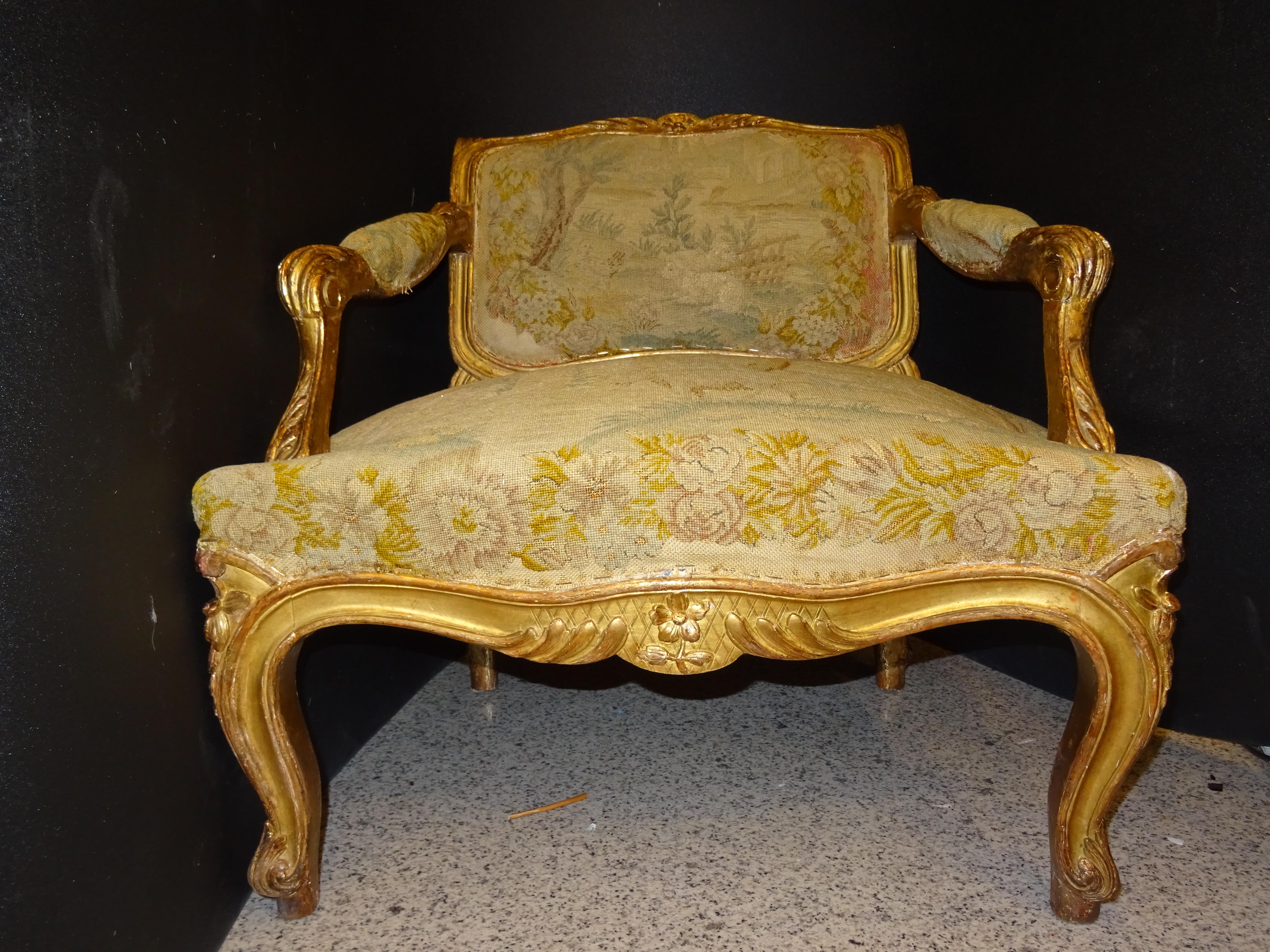 Hand-Carved 18th  Baroque French Armchair Carved and Gilded Wood , with Tapestry