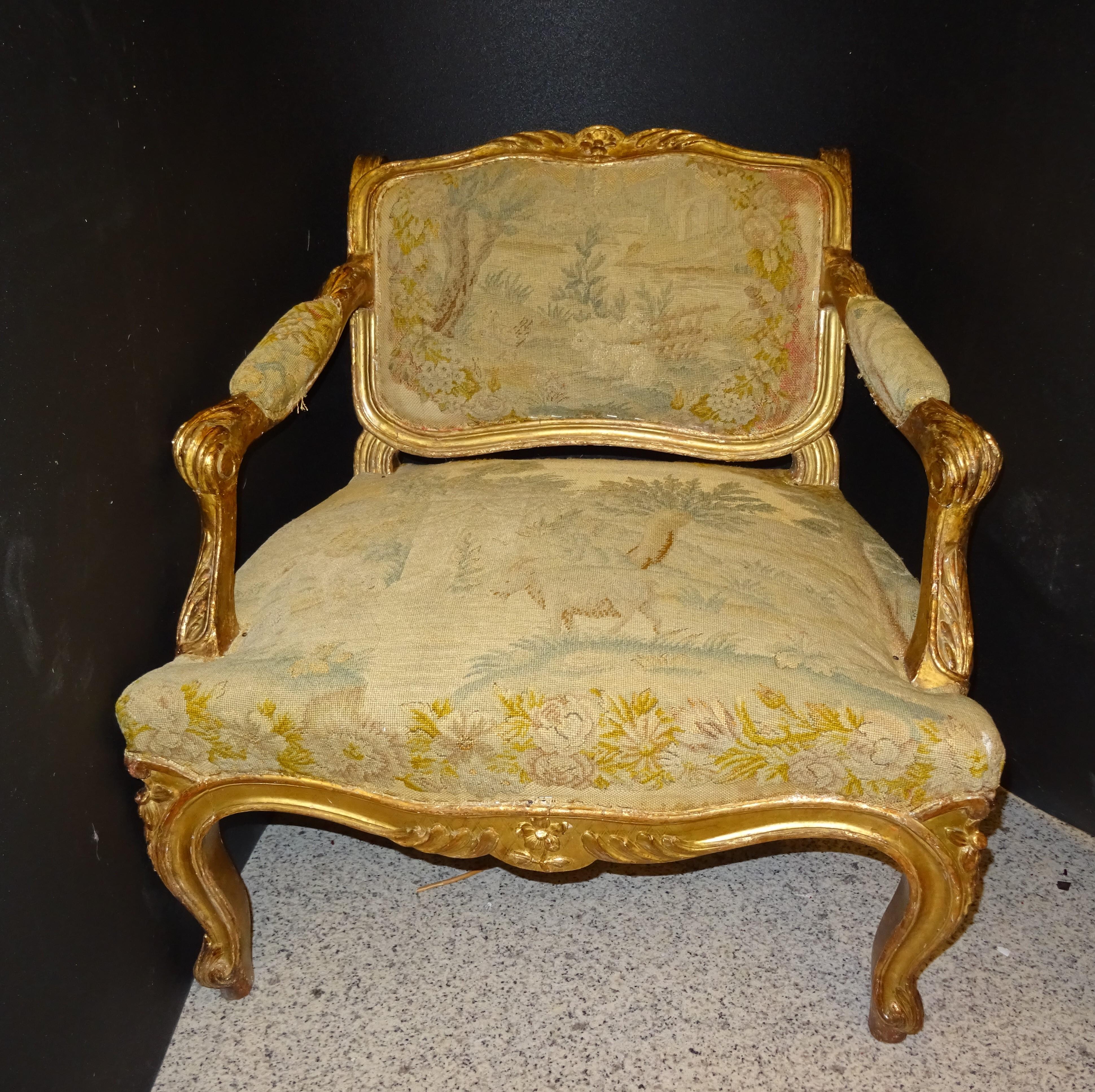 Late 18th Century 18th  Baroque French Armchair Carved and Gilded Wood , with Tapestry