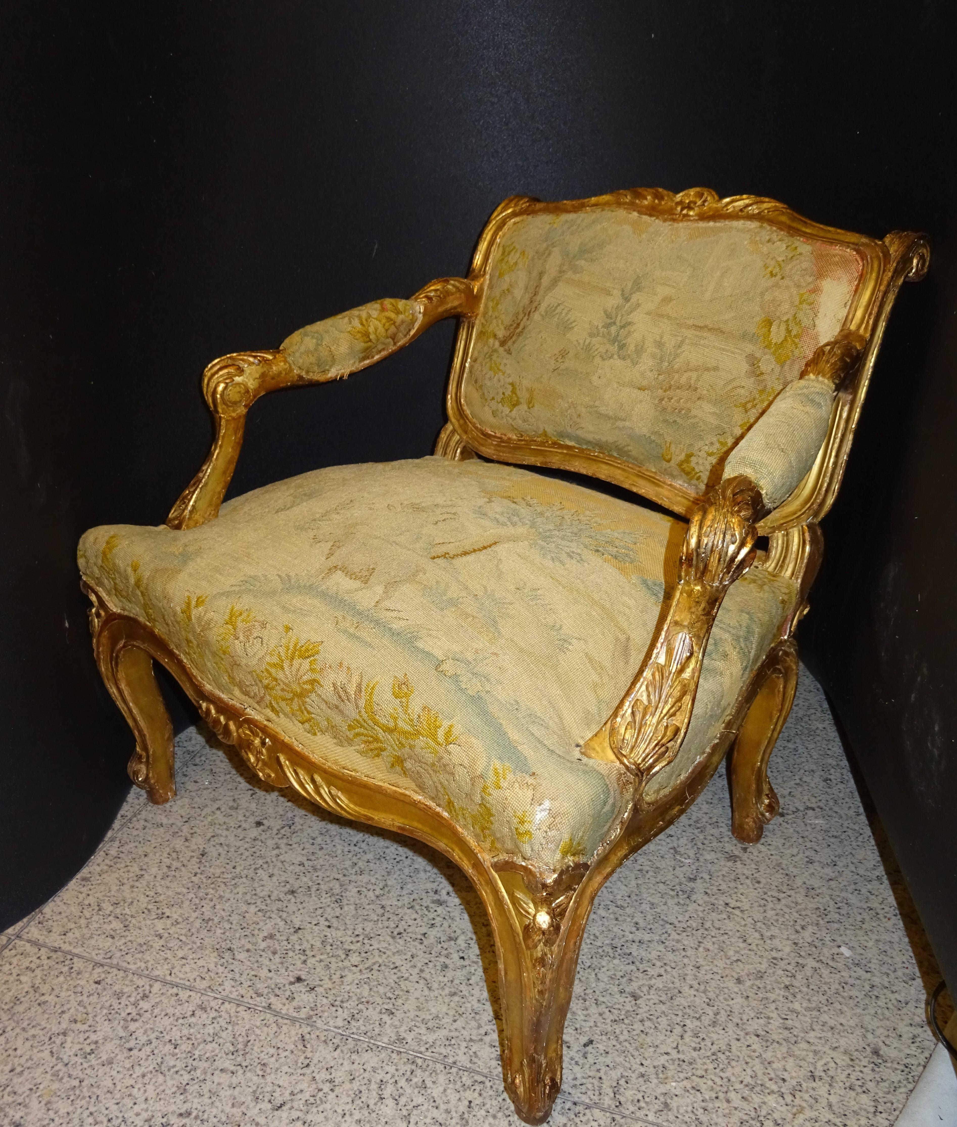 Gold 18th  Baroque French Armchair Carved and Gilded Wood , with Tapestry